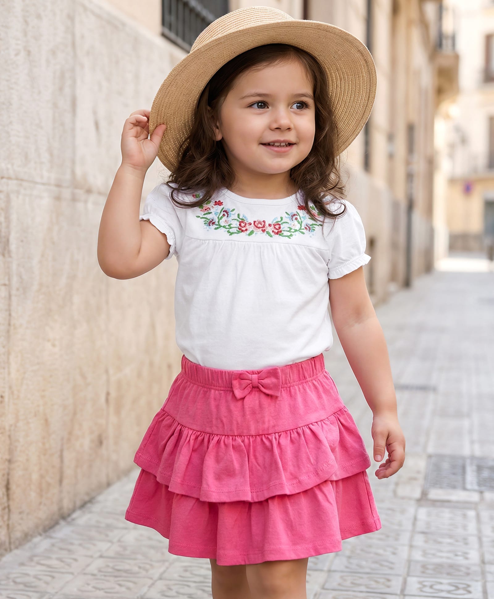 Babyhug Cotton Knit Half Sleeves Top & Layered Skirt Set With Floral Embroidery - White & Dark Pink-image-18