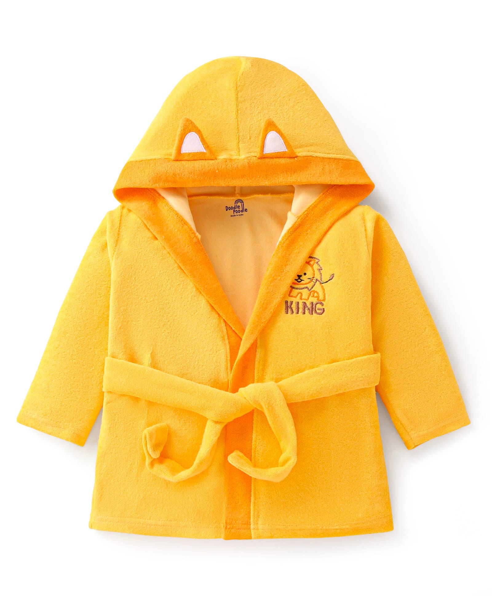 Doodle Poodle Terry Knit Full Sleeves Highly Absorbant Hooded Bath Robe with Lion Applique - Yellow-picture-18