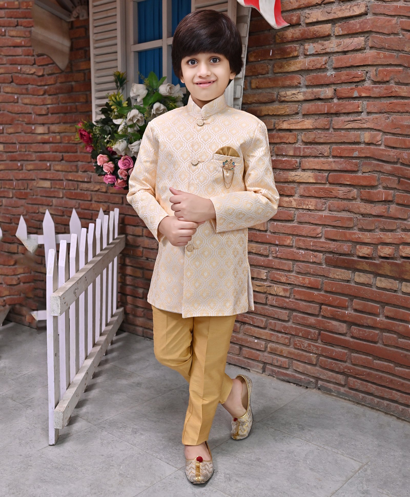 BT DEZINES Full Sleeves Floral Motif Printed Sherwani with Pyjama Set - Tan Brown