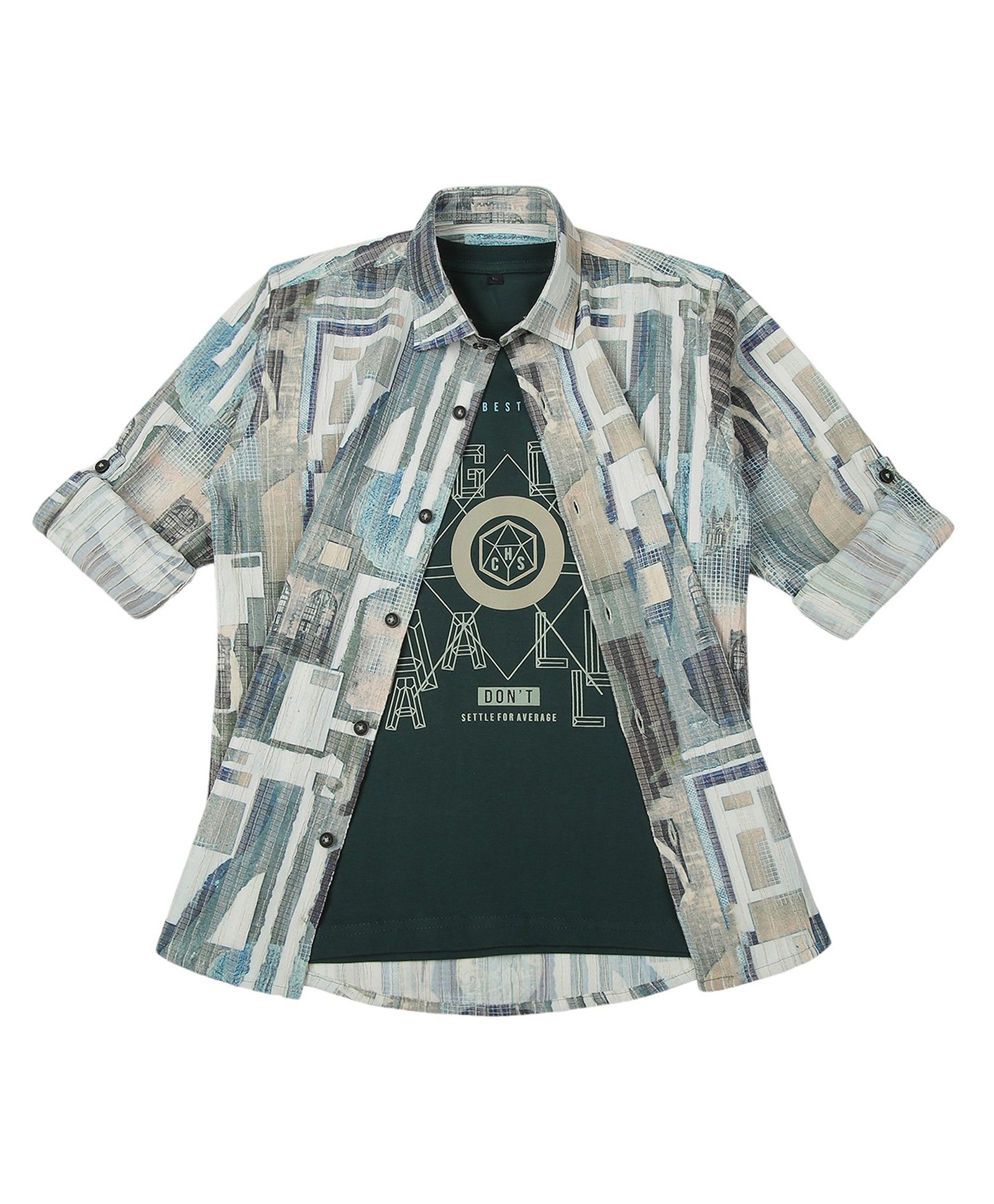 CAVIO Cotton Lycra Full Sleeves Abstract Printed Shirt & Tee - Dark Green-picture-25