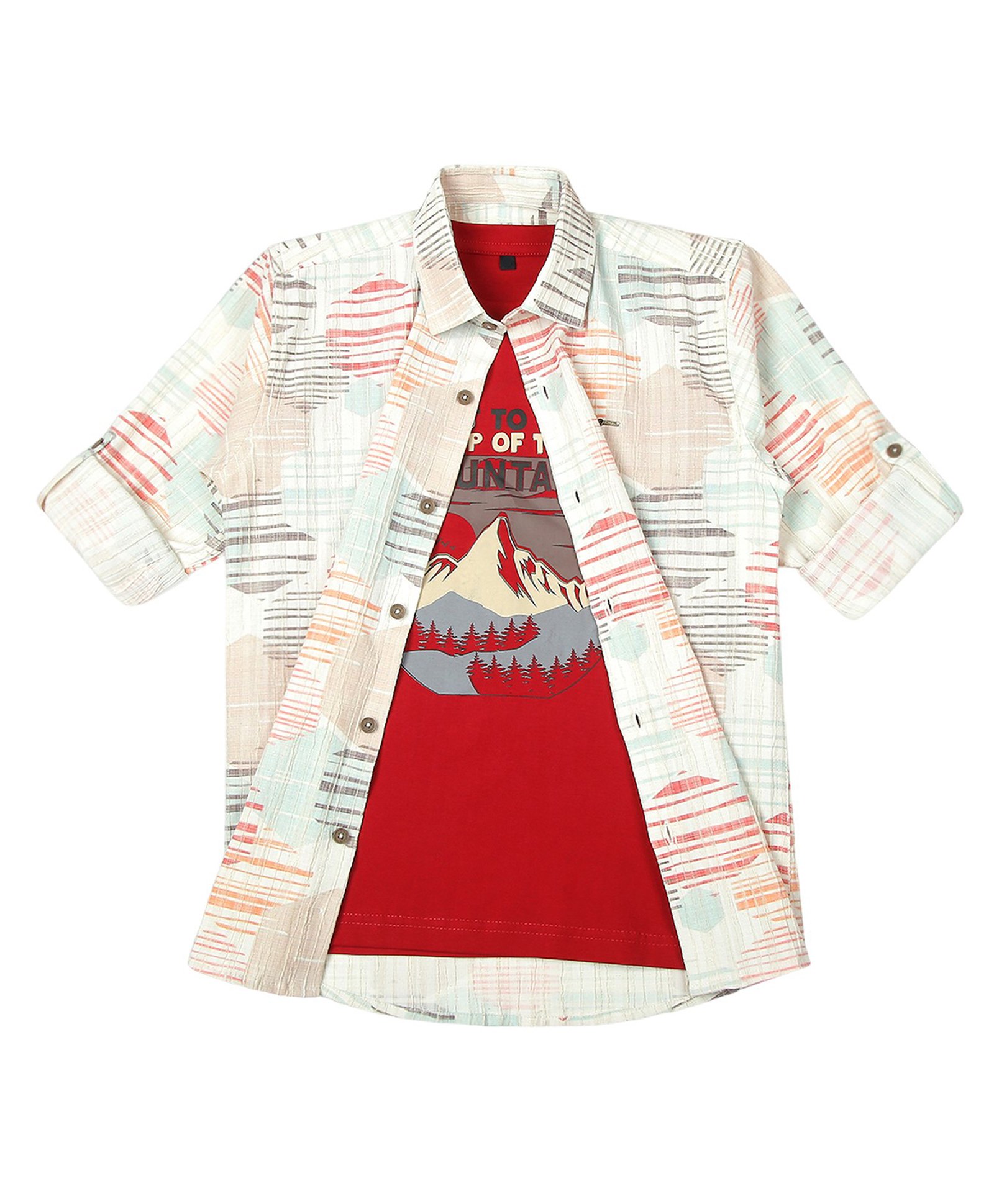 CAVIO Cotton Lycra Full Sleeves Abstract Printed Shirt & Tee - Red-image-42