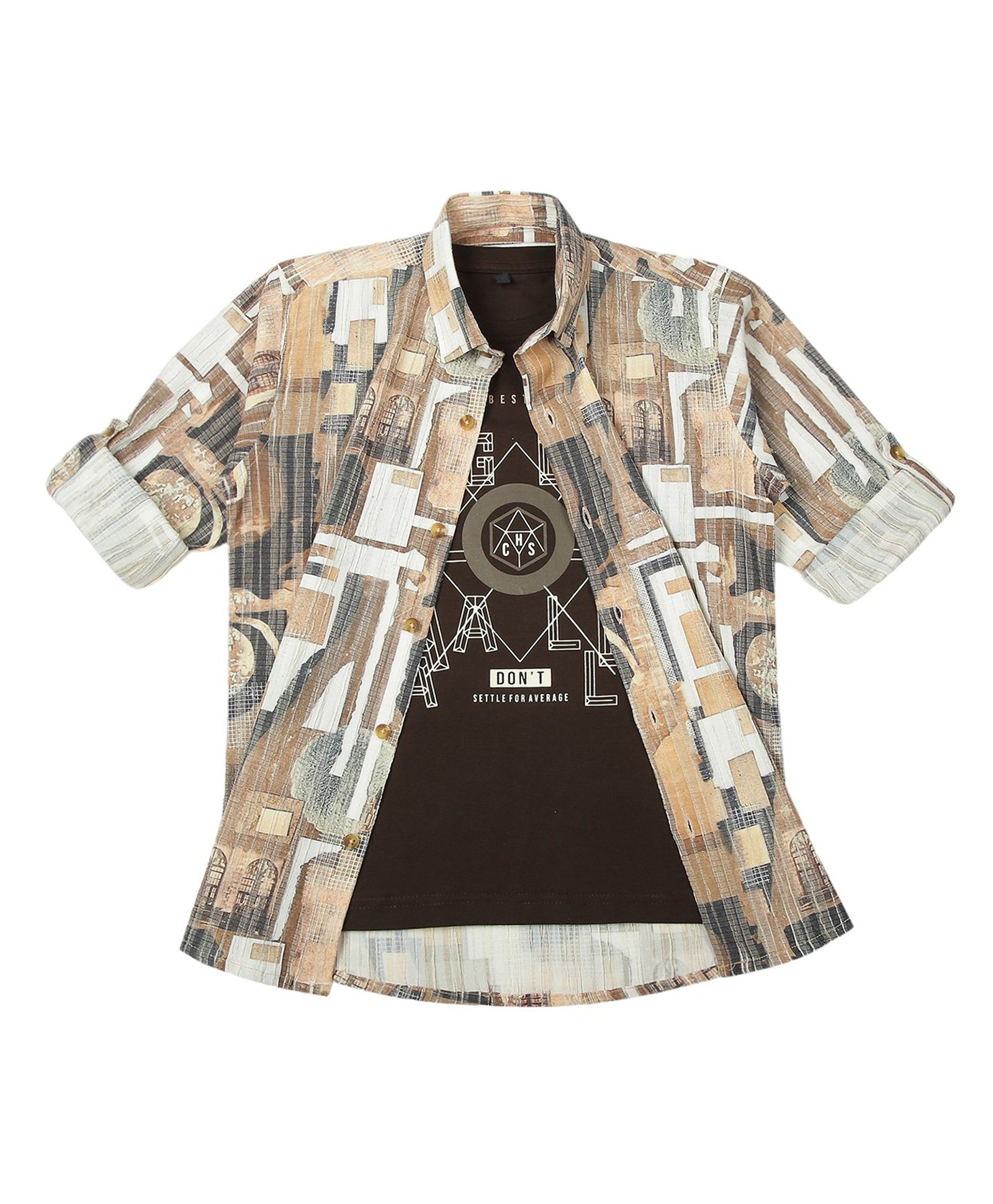 CAVIO Cotton Lycra Full Sleeves Abstract PrintedShirt & Tee - Brown-image-39
