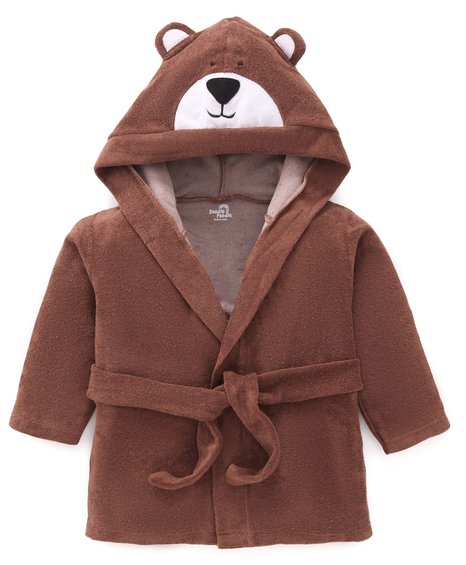 Doodle Poodle Terry Knit Full Sleeves Hooded Bath Robe with Bear Applique - Brown-image-22