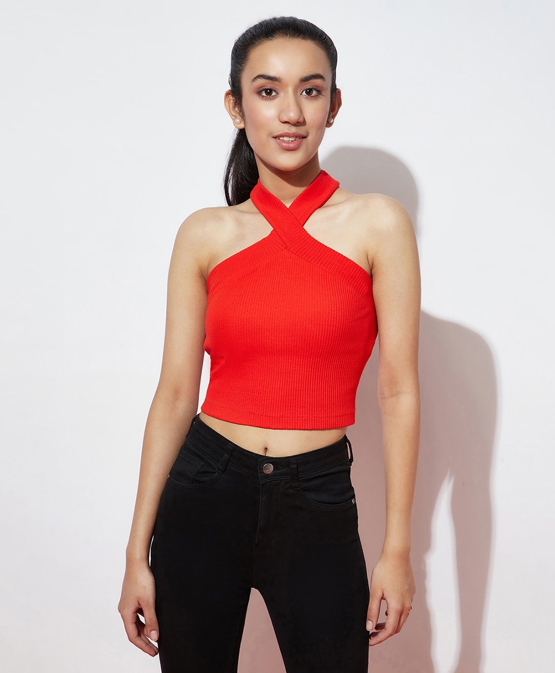 Spunkies Cotton Ribbed Detail Solid Halter Neck Top - Red-image-18