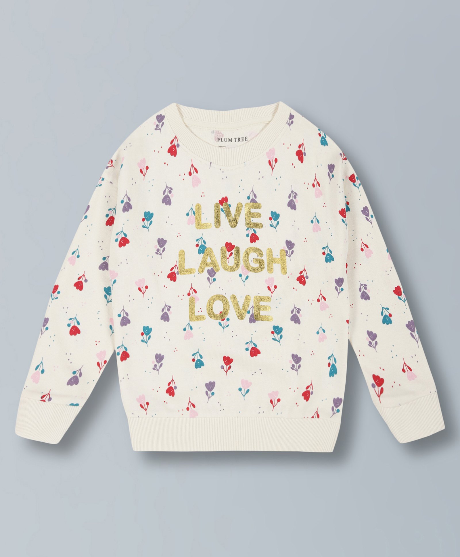 Plum Tree Full Sleeves Floral & Live Laugh Love Text Print Pullover Crew Neck Cotton Sweatshirt - Vanilla-picture-18
