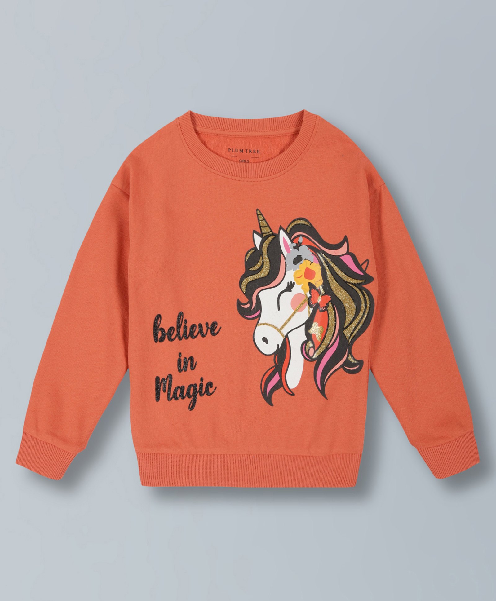Plum Tree Full Sleeves Believe In Magic & Unicorn Printed Pullover Crew Neck Cotton Sweatshirt - Winter Orange-picture-39
