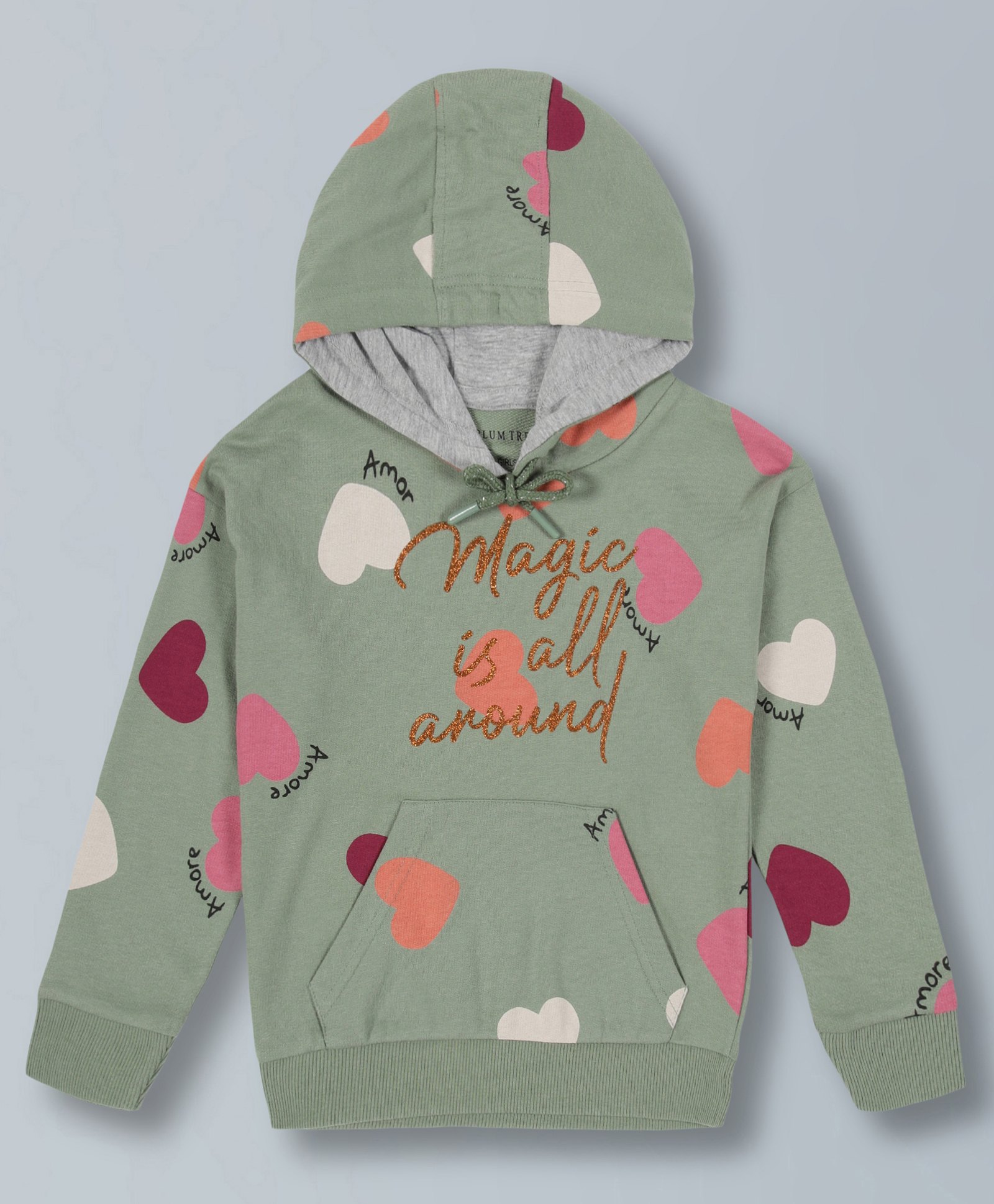 Plum Tree Full Sleeves Heart & Magic Is All Around Text Print Hooded Cotton Sweatshirt - Moss Green-picture-15