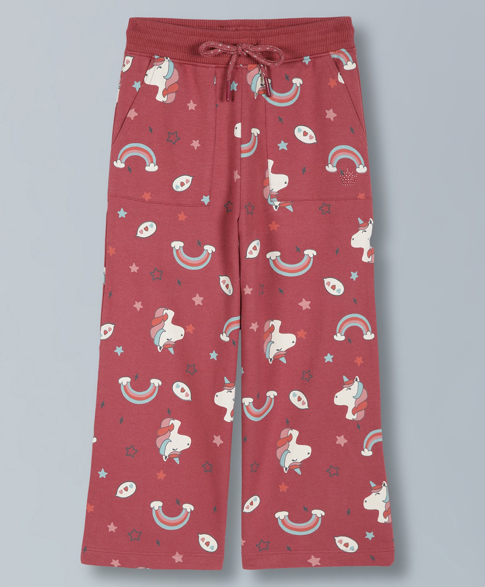 Plum Tree Cotton Rainbow & Unicorn Printed Trousers - Maroon-picture-13