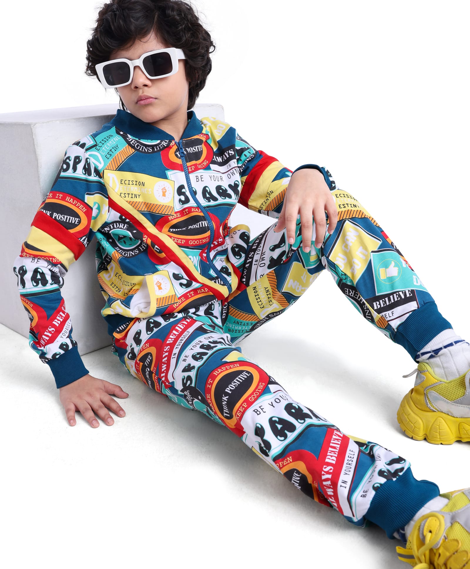 Ollington St. 100% Cotton Knit Full Sleeves Text Printed Sweatshirt with Front Zipper & Joggers Set-Blue-picture-22