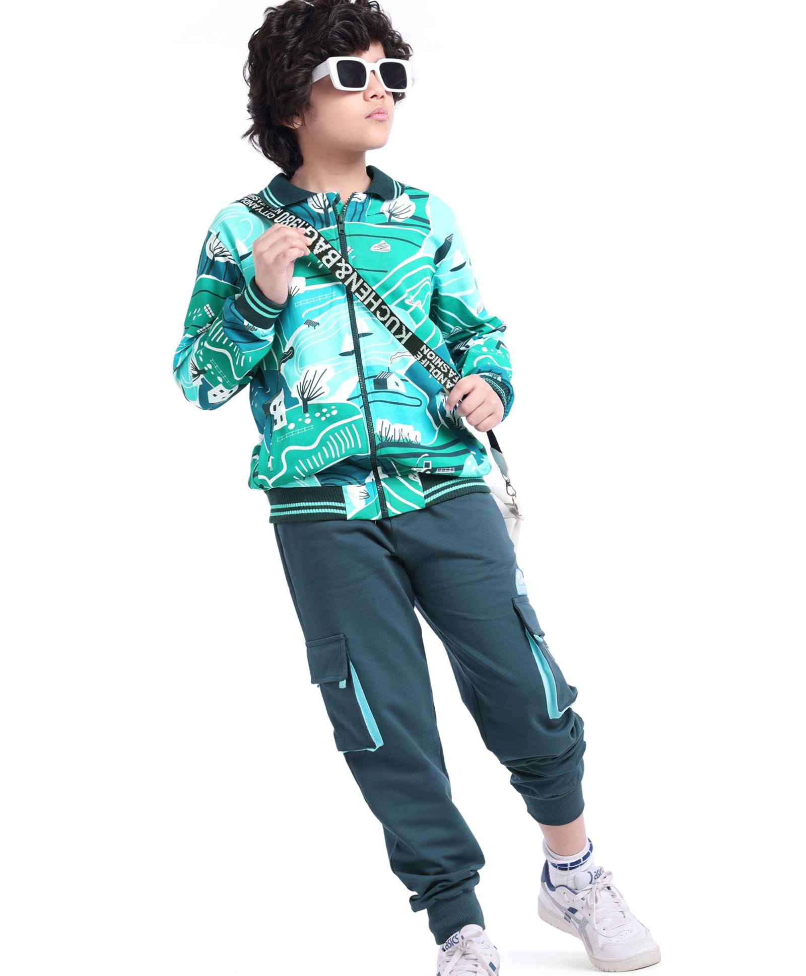 Ollington St. 100% Cotton Knit Full Sleeves Front zipper Collared Sweatshirt & Joggers Set with Boat Print - Aqua Blue & Black-image-9