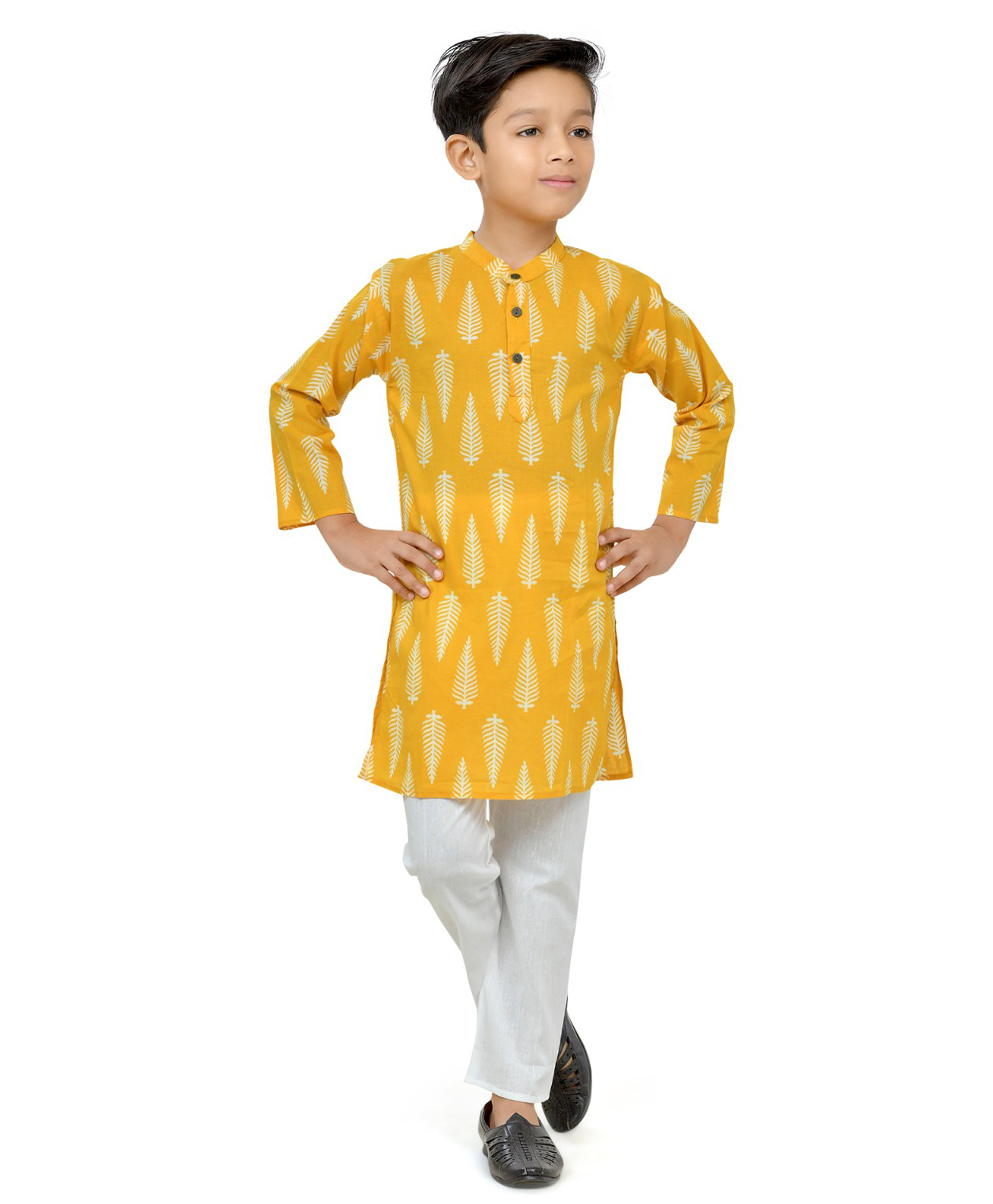 Teentaare Cotton Full Sleeves Kurta Pyjama Set with Leaf Print - Yellow-image-17