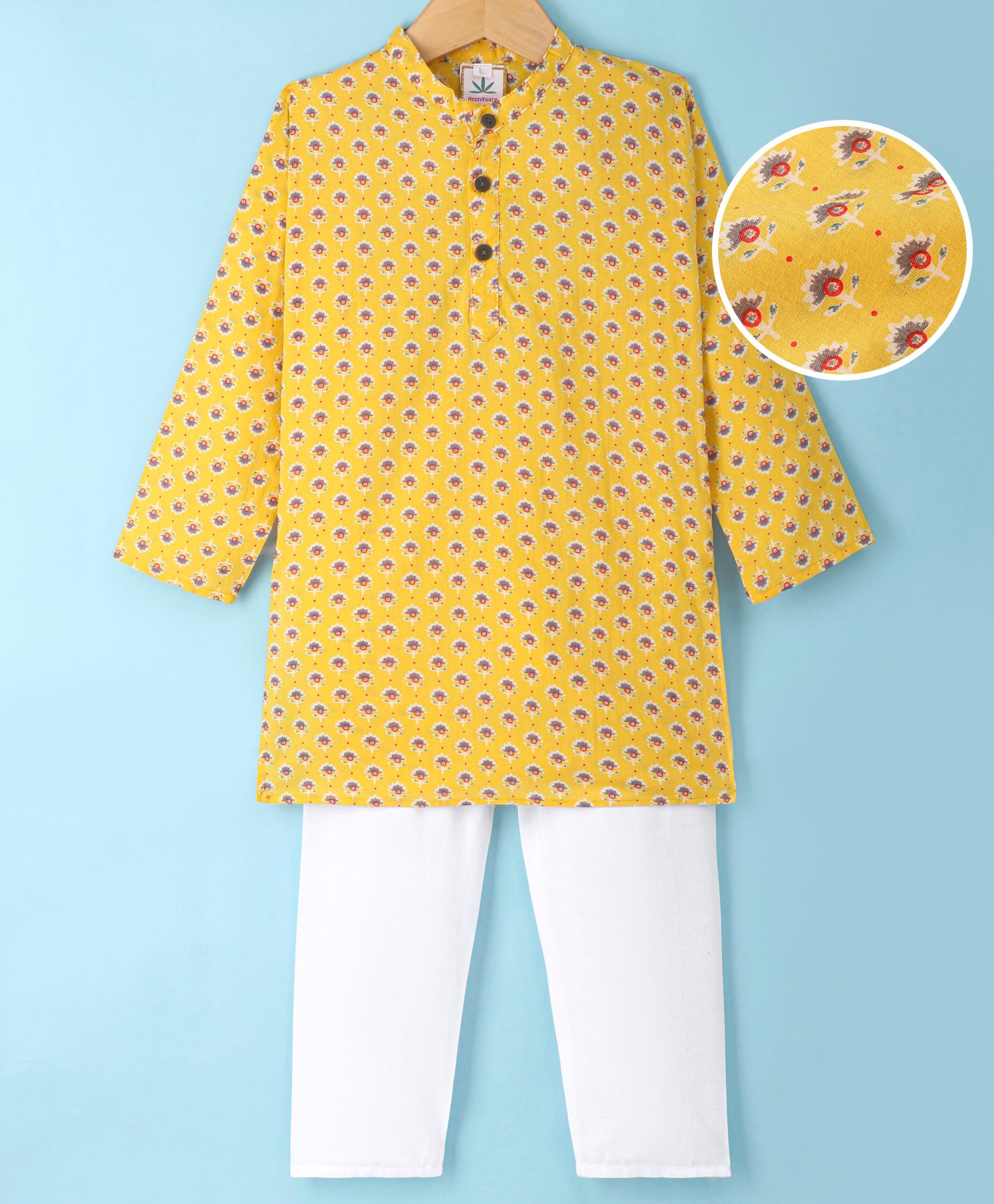 Teentaare Cotton Full Sleeves Kurta Pyjama Set Floral Print - Yellow-image-27