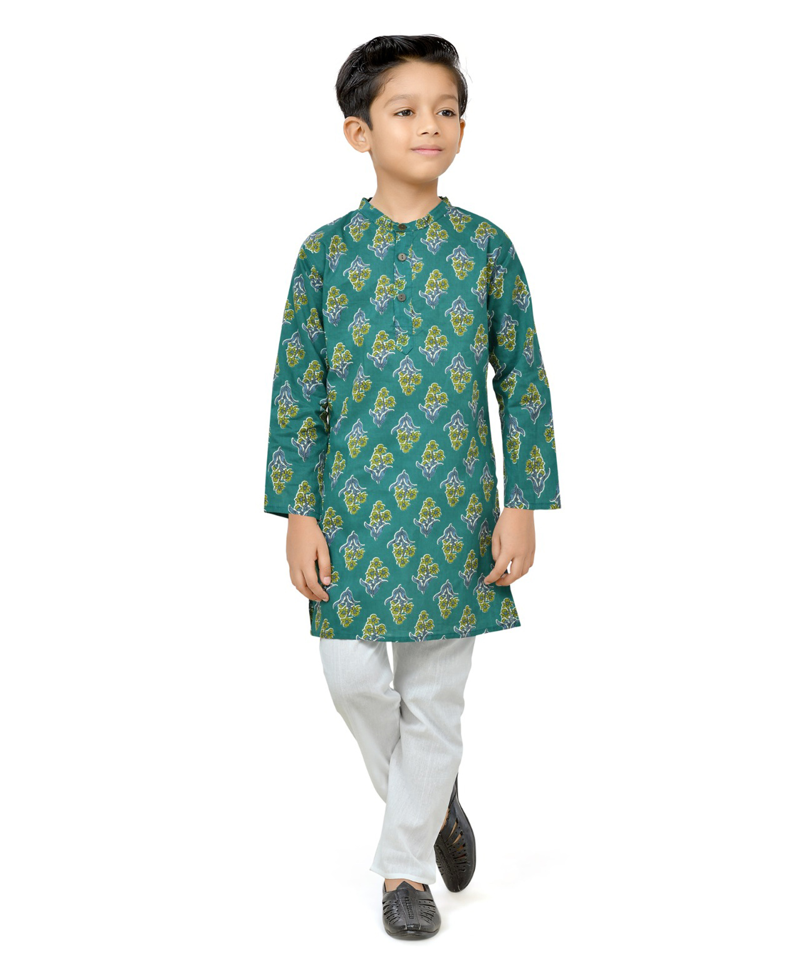Teentaare Cotton Silk Woven Full Sleeves Kurta Pyjama Set with Floral Print - Teal Blue-image-30