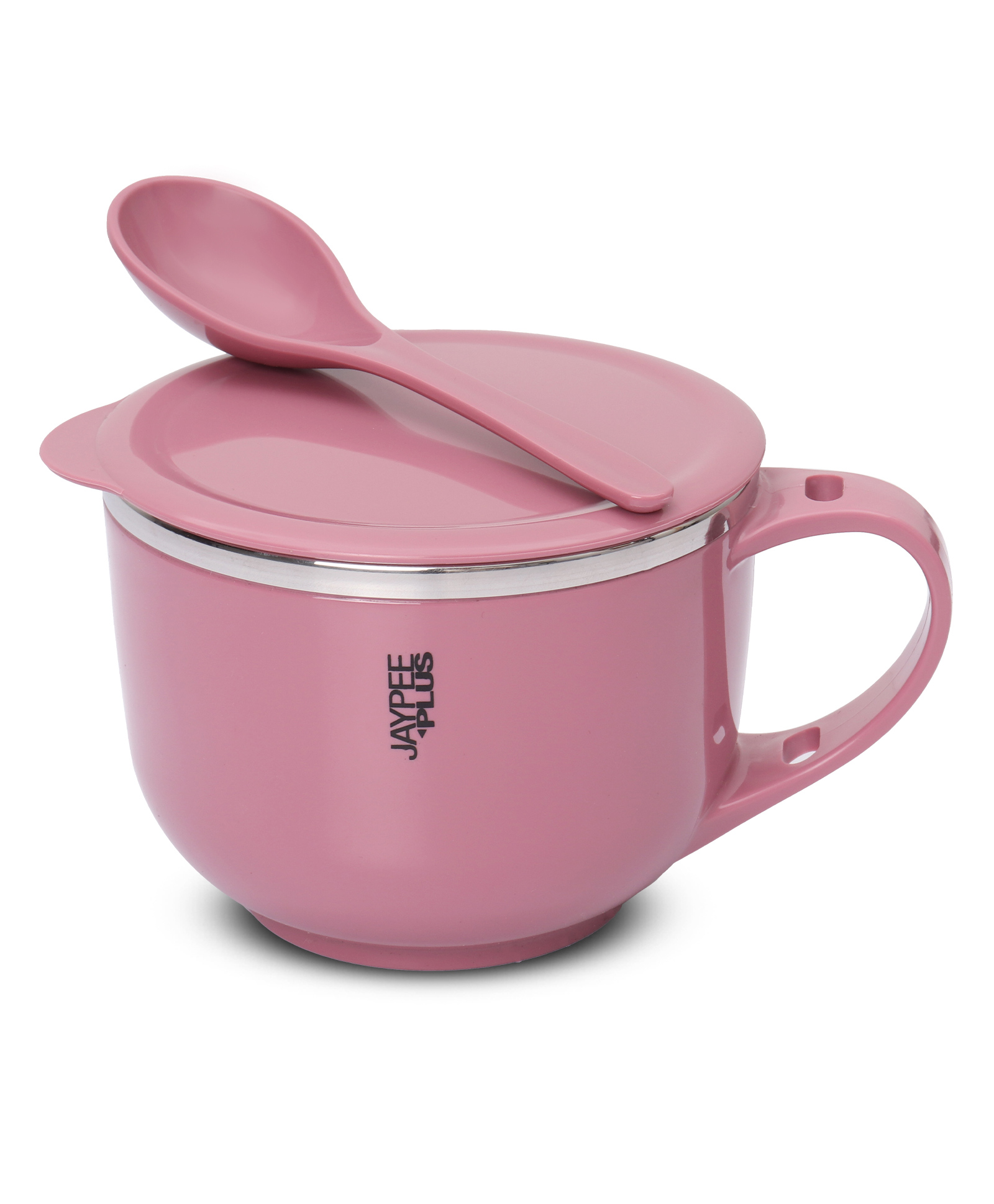 Jaypee Plus Stainless Steel Soup Bowl with Lid & Spoon Holder Souptok Maggi bowl Noodles pasta bowl Mug for kids - Pink-picture-25
