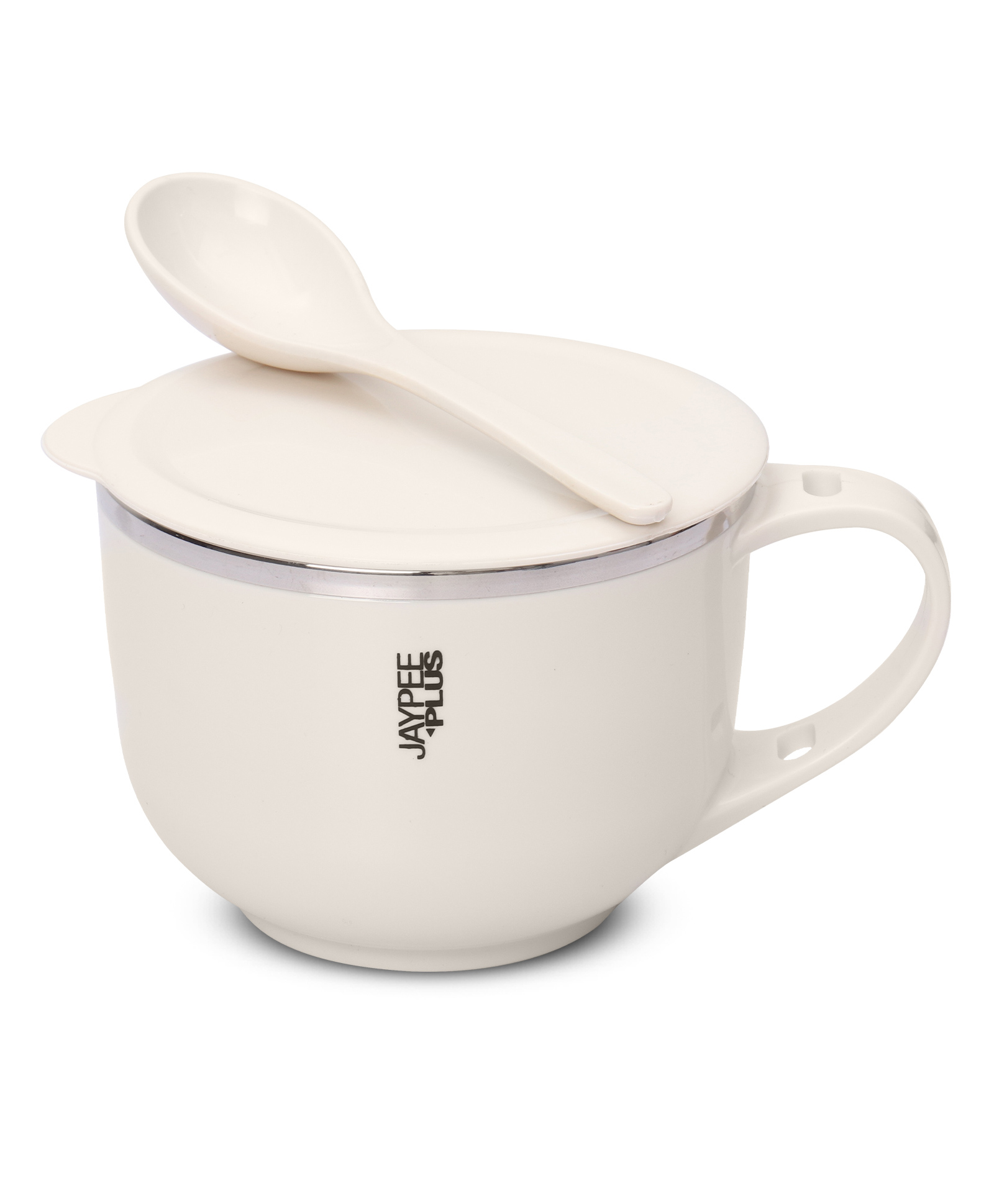 Jaypee Plus Stainless Steel Soup Bowl with Lid & Spoon Holder Souptok Maggi bowl Noodles pasta bowl Mug for kids - Ivory-picture-11