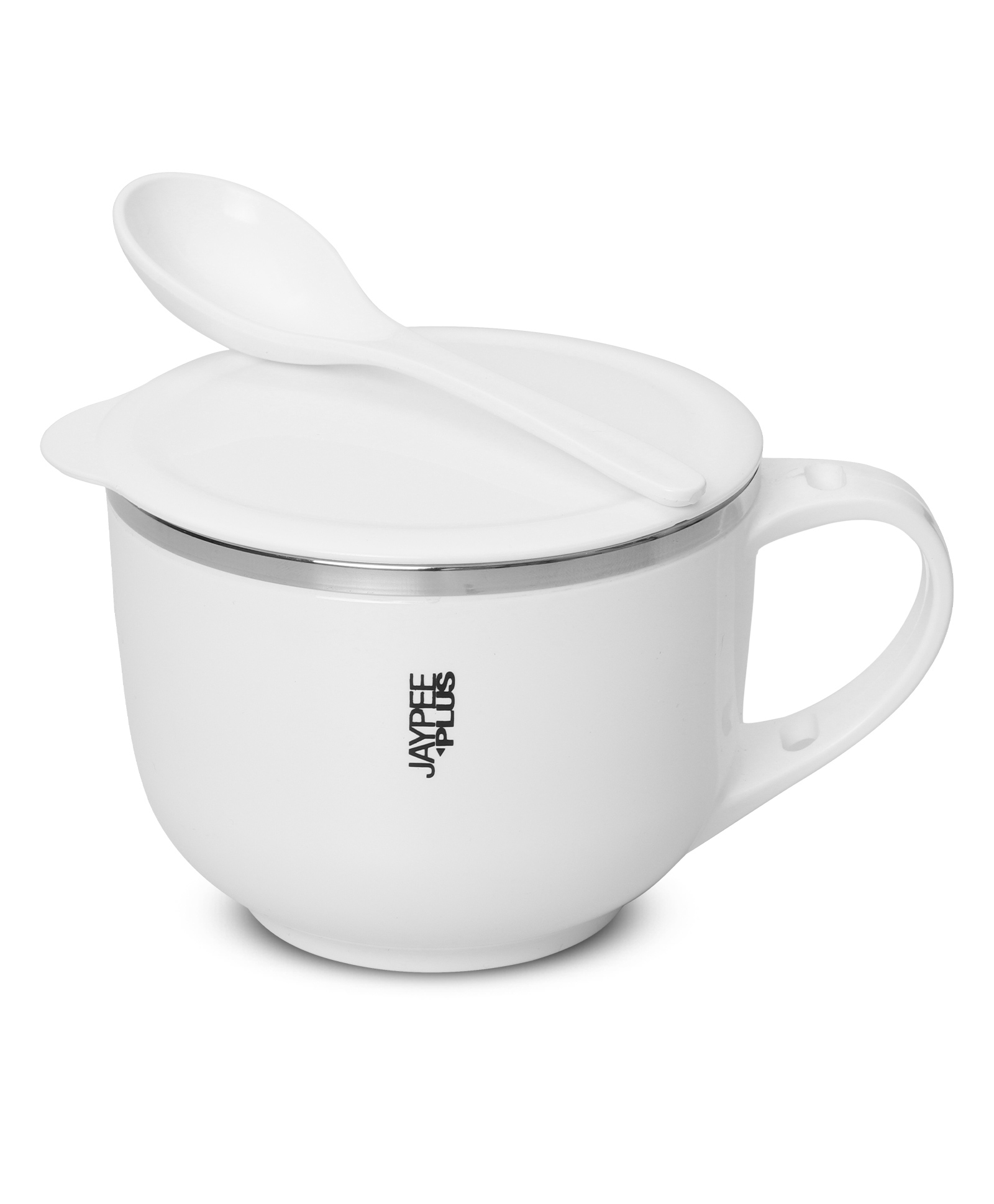 Jaypee Plus Stainless Steel Soup Bowl with Lid & Spoon Holder Souptok Maggi bowl Noodles pasta bowl Mug for kids - White-image-33