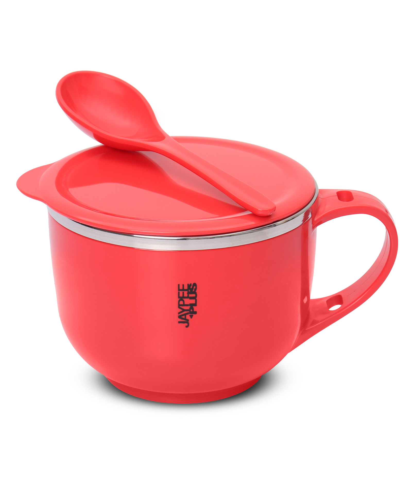 Jaypee Plus Stainless Steel Soup Bowl with Lid & Spoon Holder Souptok Maggi bowl Noodles pasta bowl Mug for kids - Red-picture-9