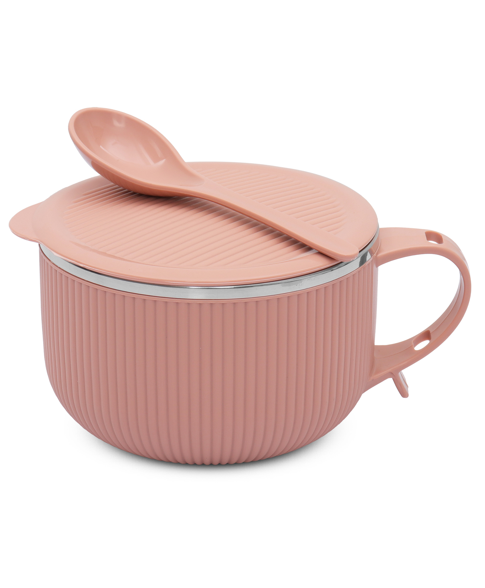 Jaypee Plus Stainless Steel Ribtok Meal Bowl Soup Bowl with Lid & Spoon for Every Day - Pink-picture-23