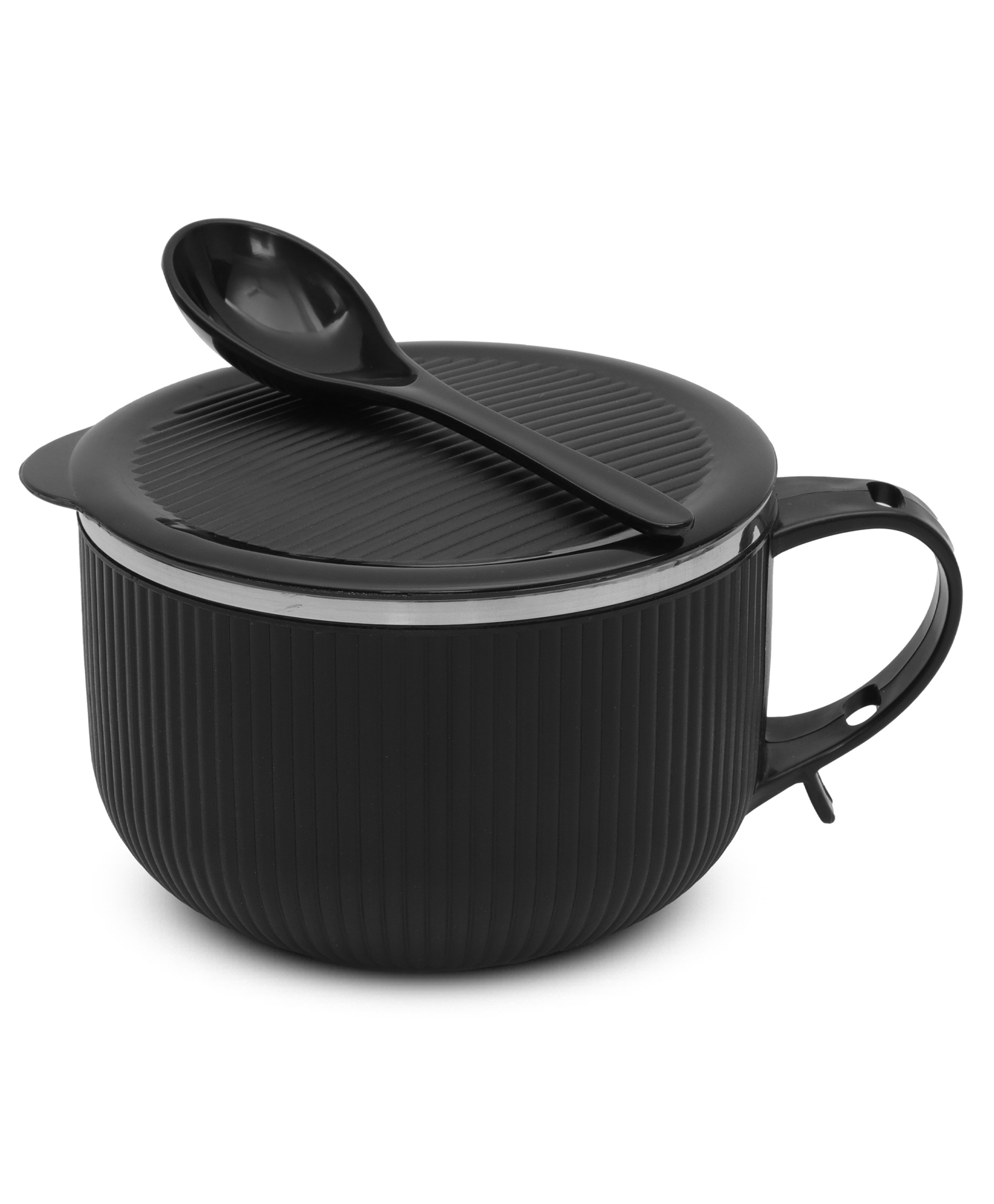 Jaypee Plus Stainless Steel Ribtok Meal Bowl Soup Bowl with Lid & Spoon for Every Day - Black-picture-3