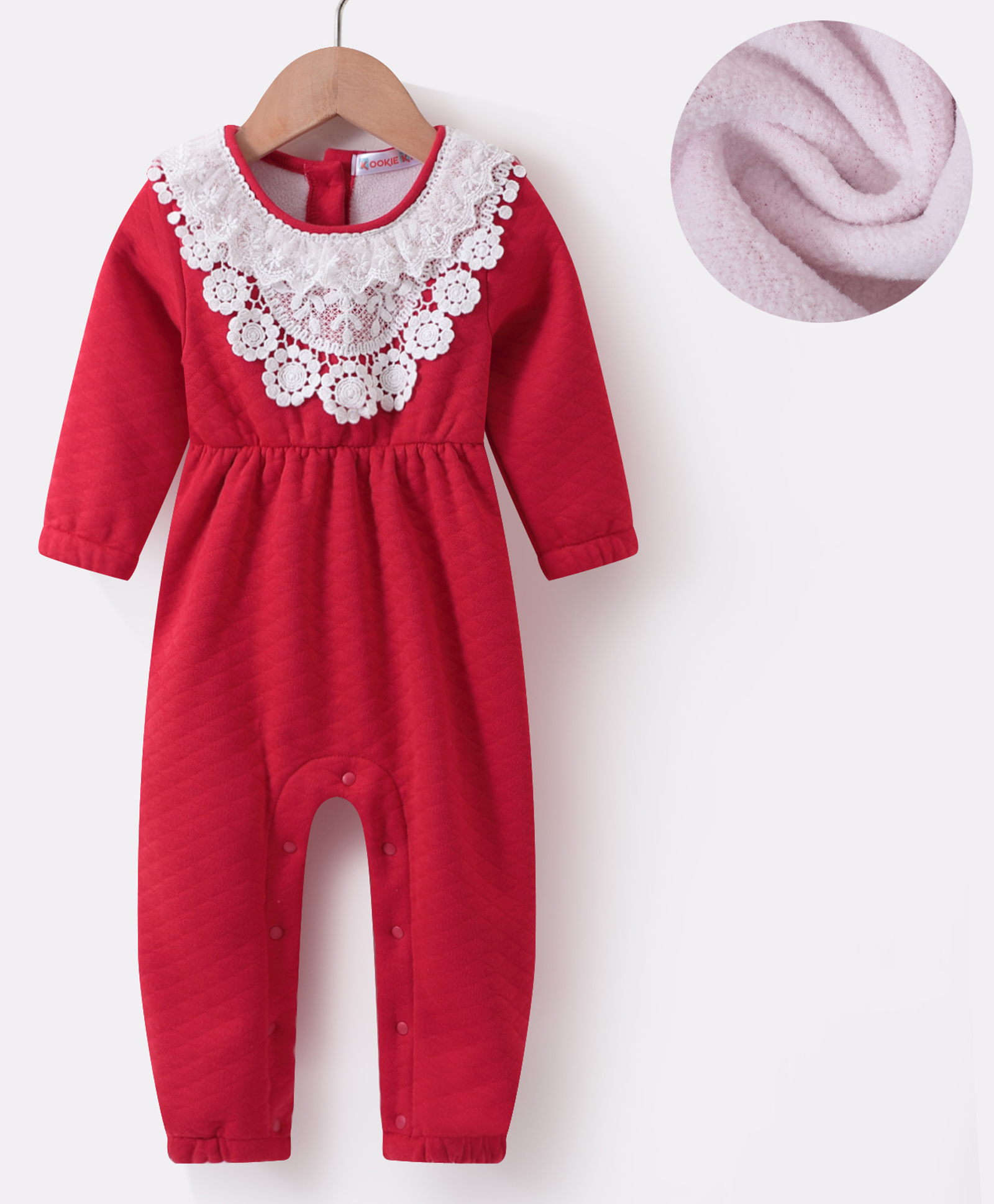 Kookie Kids Full Sleeves Winter Wear Romper with Lace Detailing -Red-picture-22