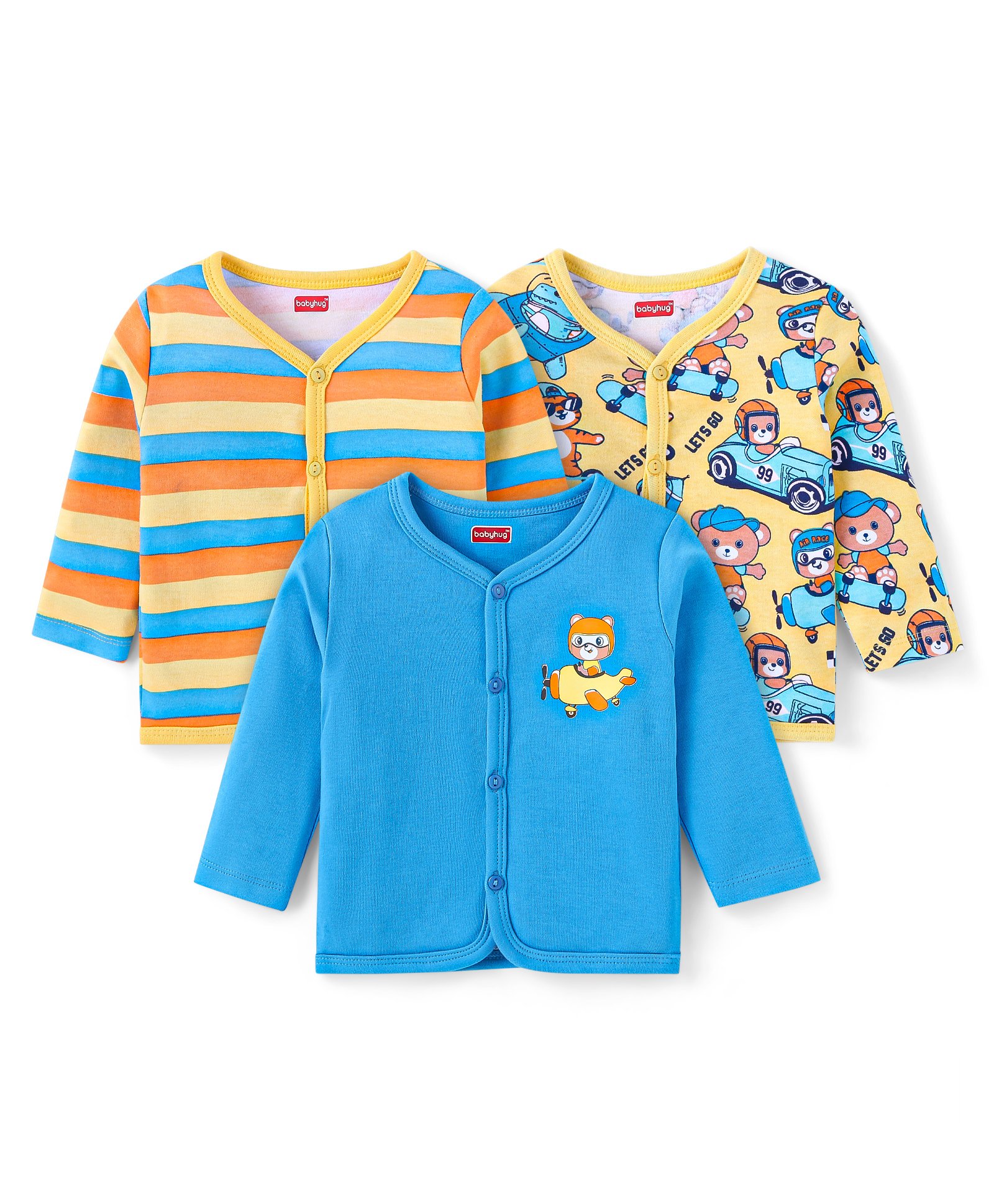 Babyhug 100% Cotton Antibacterial Front Open Vest With Prints Pack of 3 - Blue & Yellow-picture-13