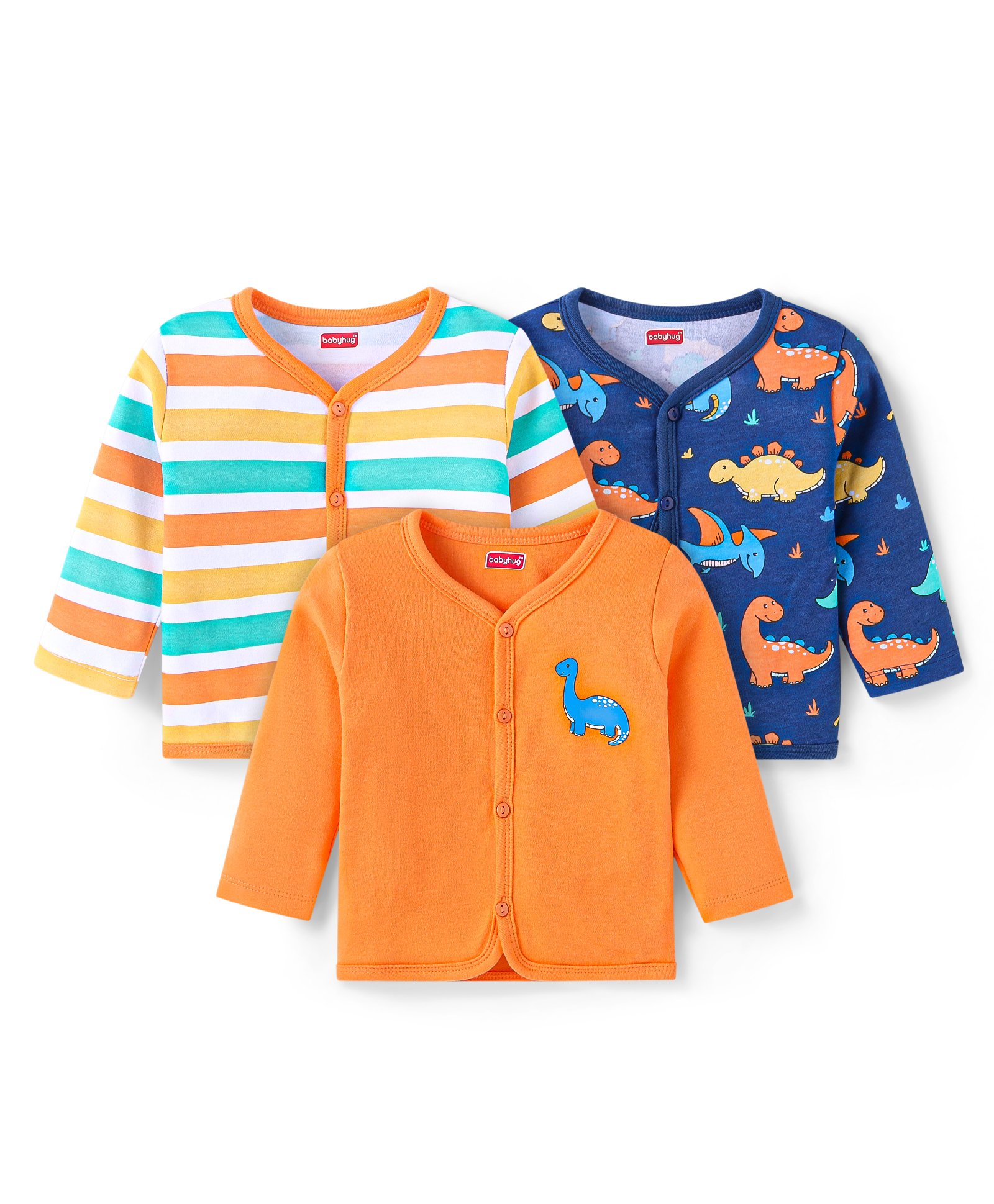 Babyhug 100% Cotton Antibacterial Front Open Vest With Dino Print Pack of 3 - Blue & Orange-picture-14