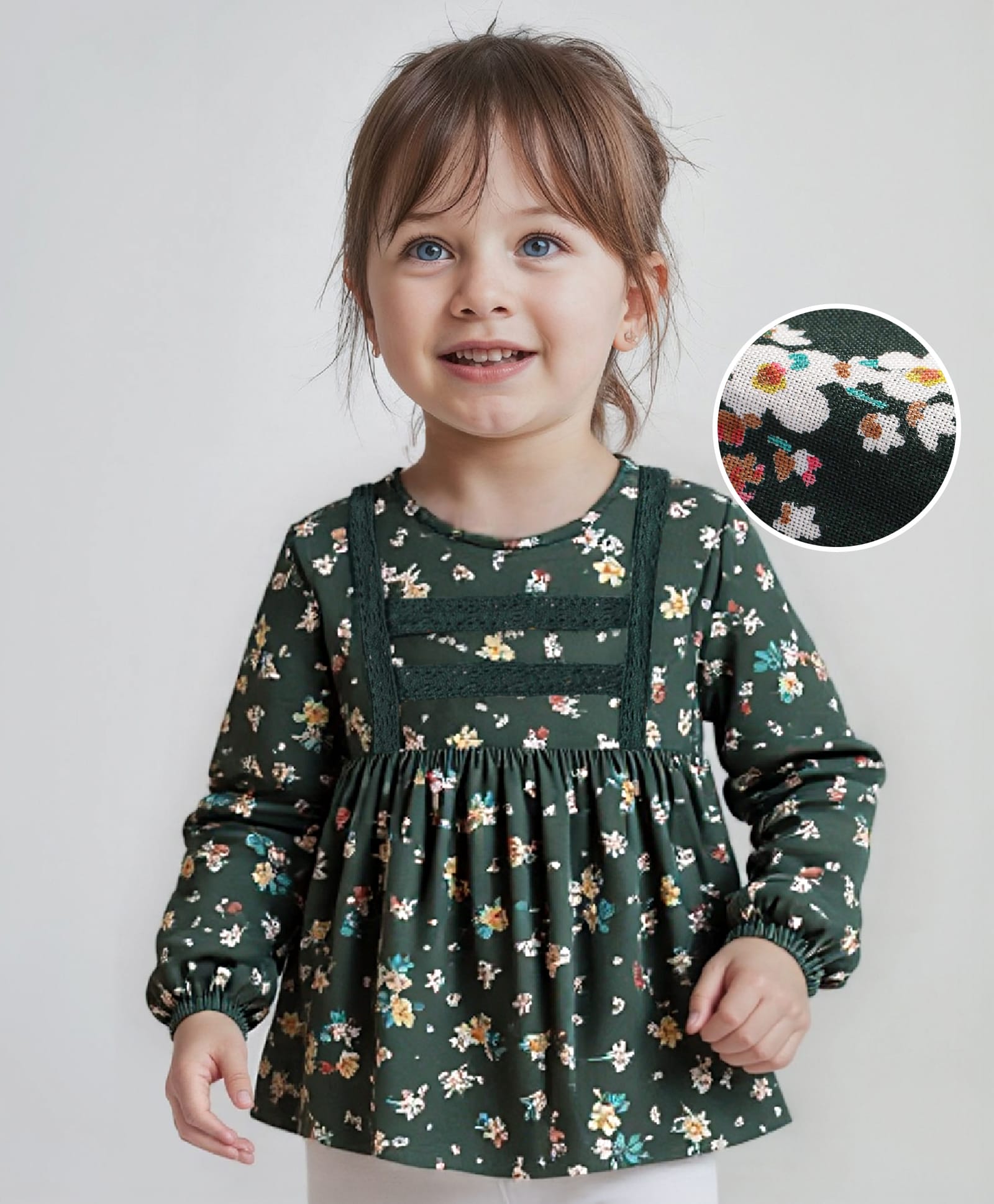Babyhug Rayon Woven Full Sleeves Top With Floral Print & Lace Detailing - Dark Green-image-46