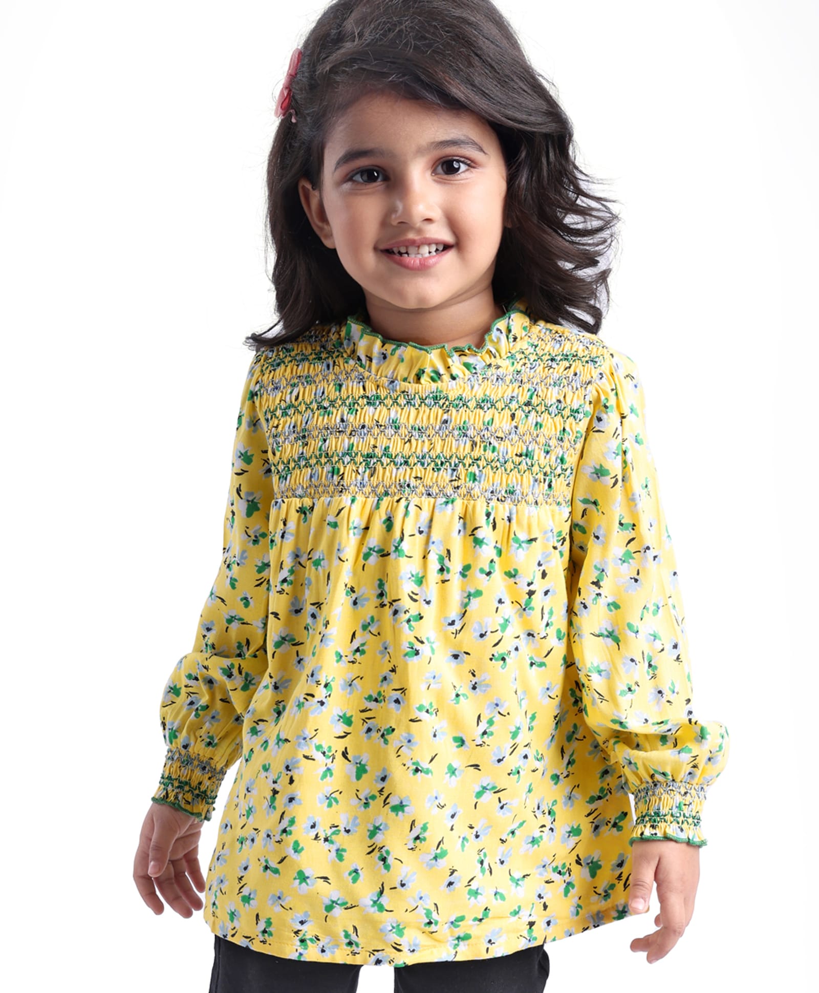 Babyhug Rayon Woven Full Peasant Sleeves Floral Printed Top with Smocking Detailing - Yellow-image-15