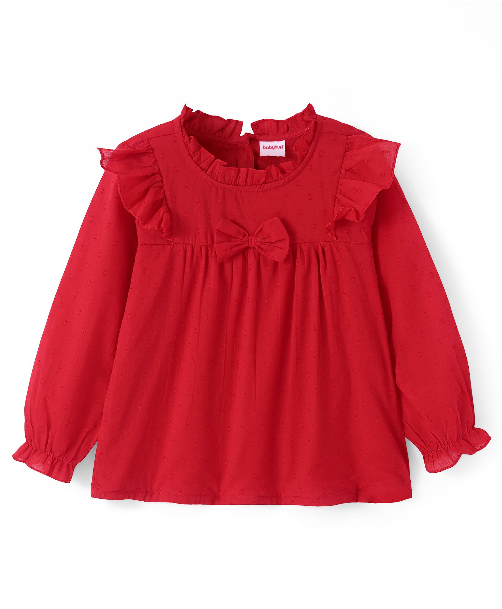 Babyhug Rayon Woven Full Sleeves Solid Colour Top with Bow Applique & Frill Detailing - Red-image-43
