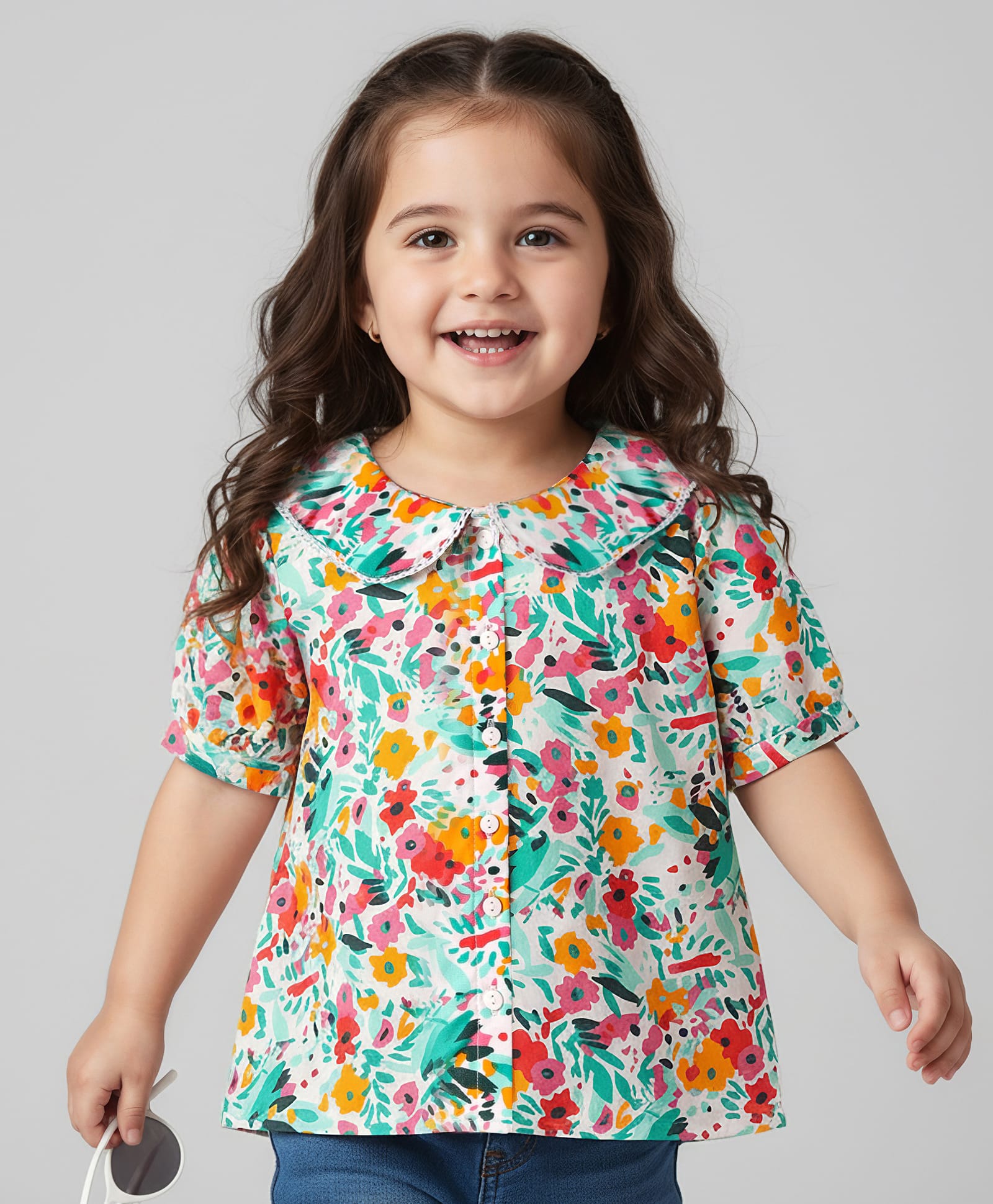 Babyhug Rayon Woven Half Sleeves Front Open Petar Pan Collar Top With Floral Print - Green Pink-image-8