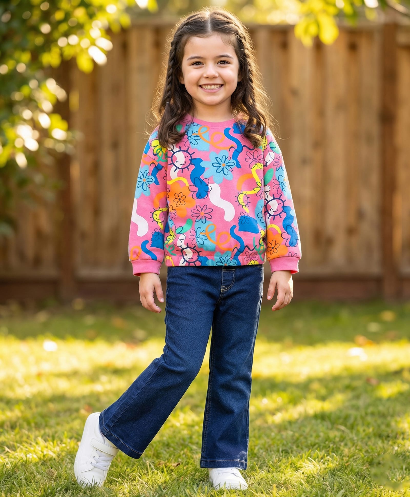 Babyhug Cotton Knit Full Sleeves Floral Printed Top & Denim Pants Set - Pink & Blue-image-21