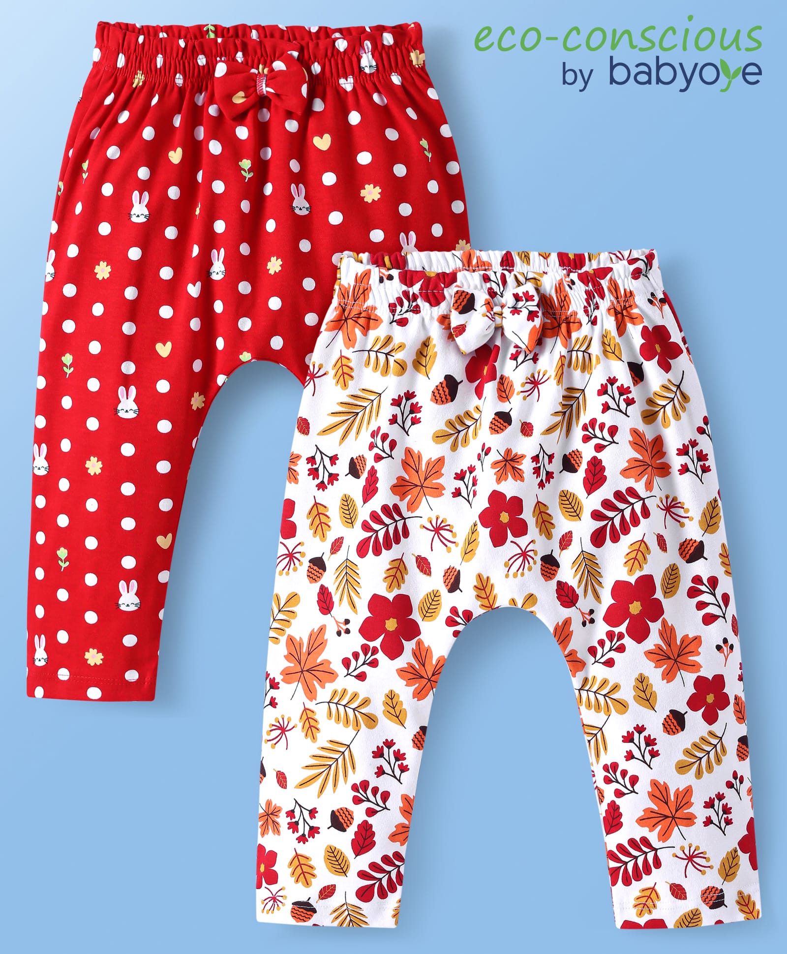 Babyoye Interlock Knit Full Length Diaper Leggings With Floral & Polka Dot Print & Bow Applique Pack of 2 - Red & White-image-35