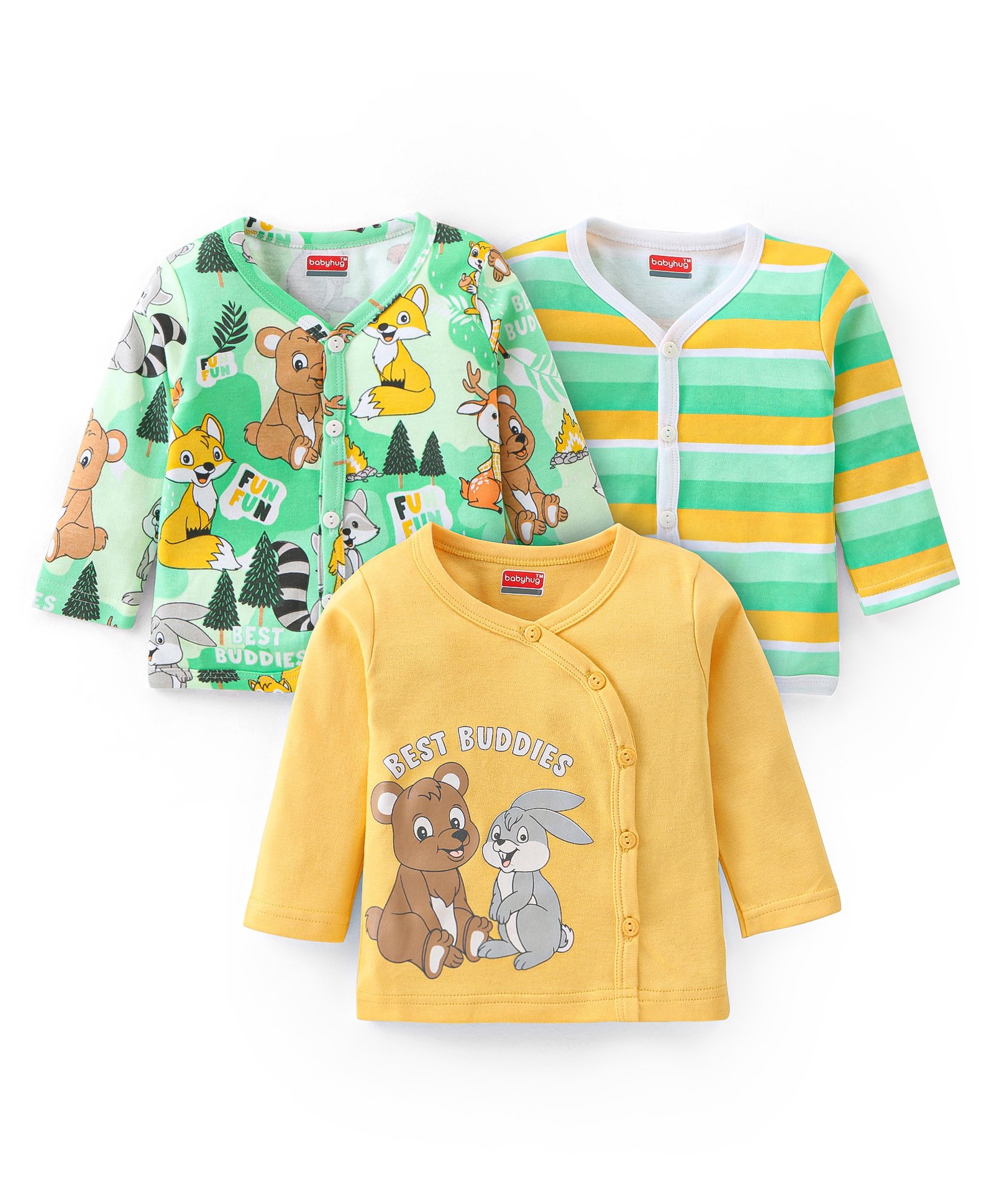 Babyhug 100% Cotton Knit Full Sleeves Front Open Vest Bear & Bunny Print Pack of 3 - Yellow & Green-picture-11