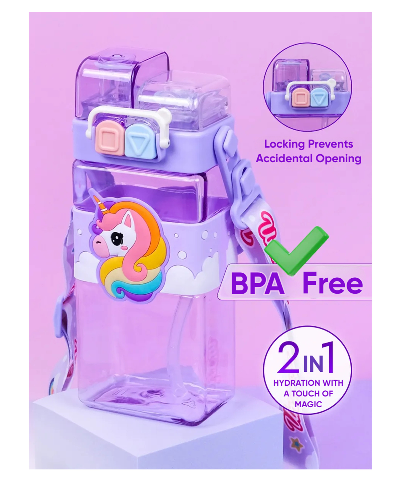 Elecart Unicorn Double Drinking Sipper Water Bottle with Adjustable Strap, Portable, Lightweight, Secure Locking Lid - 520 ml-image-43