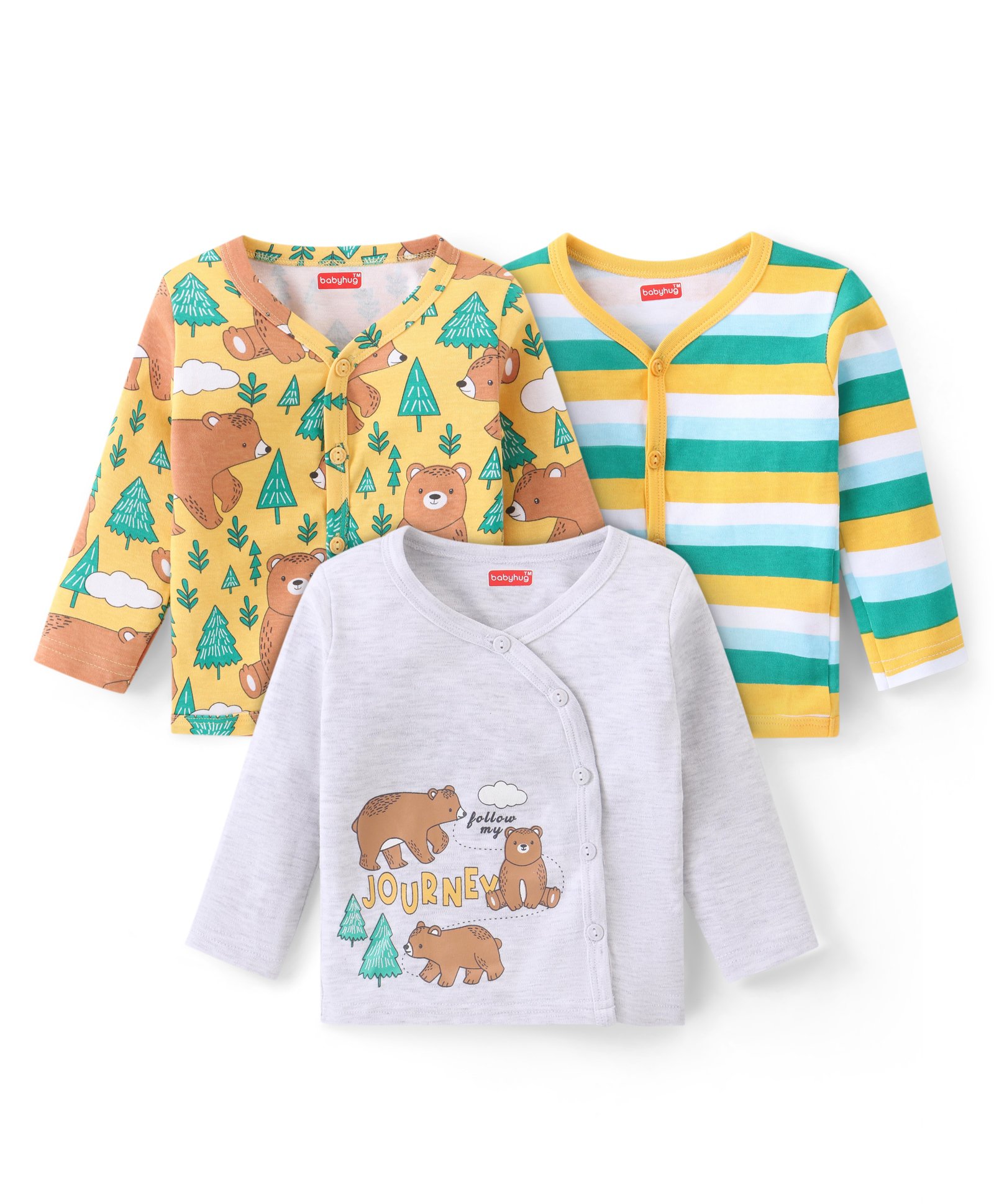 Babyhug Interlock Knit Full Sleeves Front Open Vests with Striped &  Animal Print Pack of 3  - Yellow Light Grey & Green-image-49