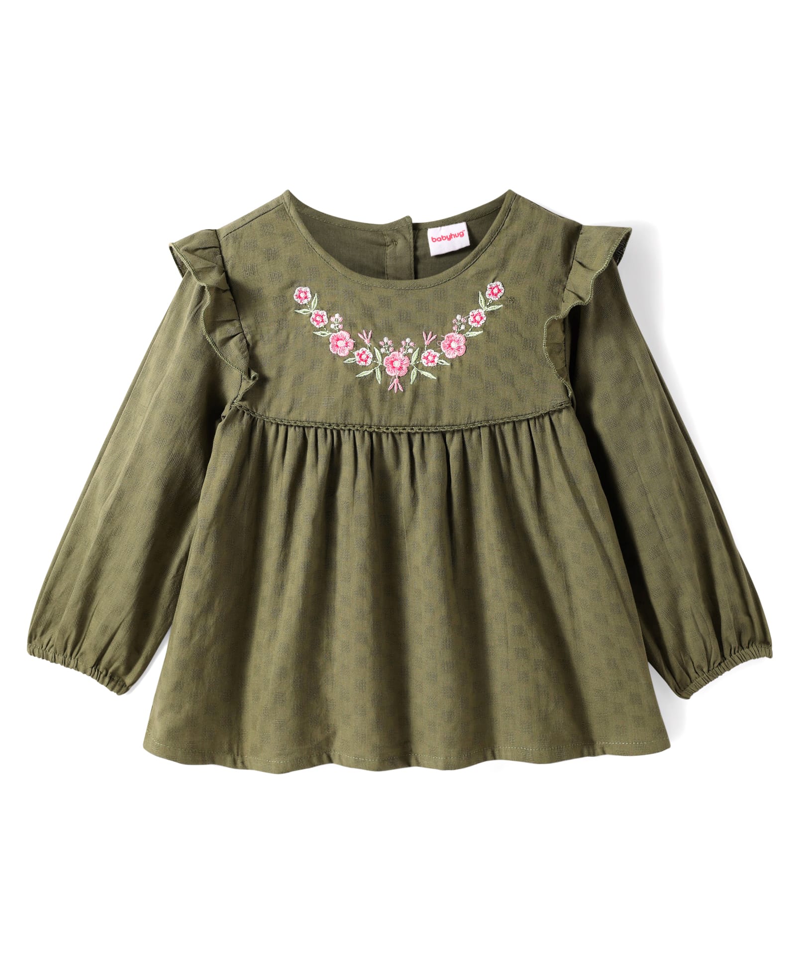Babyhug Rayon Woven Full Sleeves Top with Floral Embroidery & Frill Detailing - Olive Green-image-29