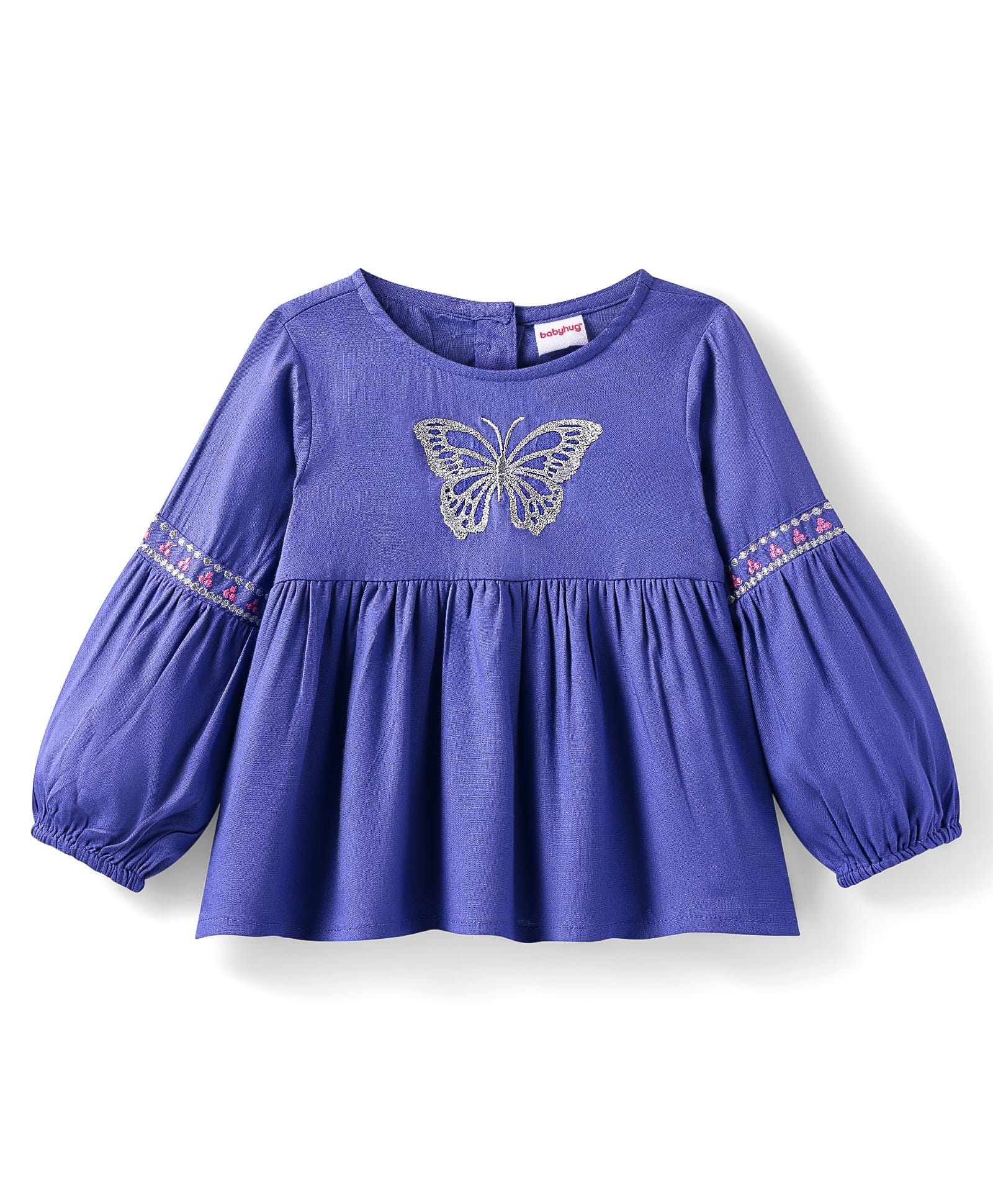 Babyhug Rayon Woven Full Sleeves Top with Butterfly Embrodiery - Purple-picture-24