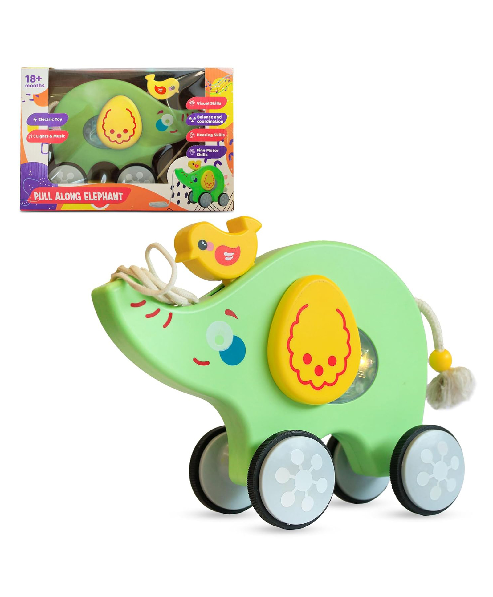 SVE Pull Along Musical Elephant Toy with Flashing Lights for Kids - Green-image-43