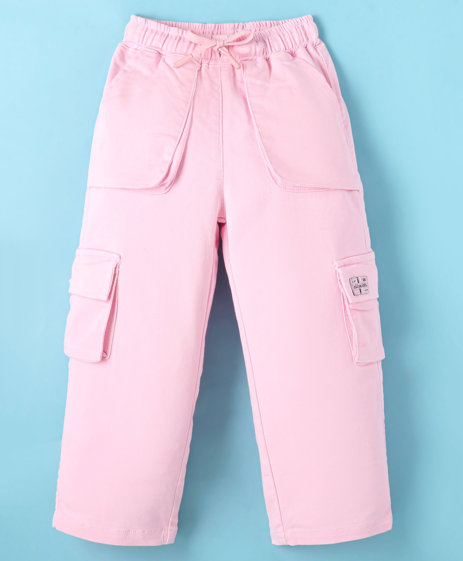Olio Kids Cotton Woven Full Length Solid Colour Trousers with CargoPockets - Pink-picture-15