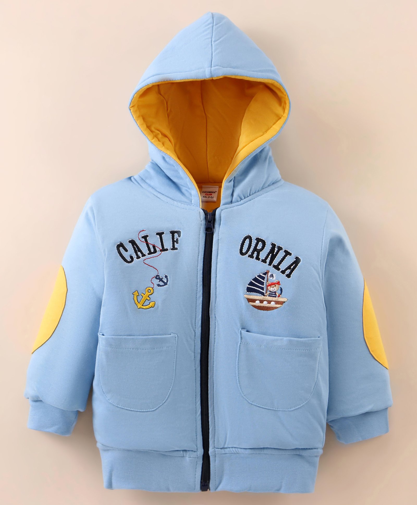 Cucumber Sinker Knit Full Sleeves Hooded Sweatjacket with Bear Embroidery - Sky Blue-picture-10