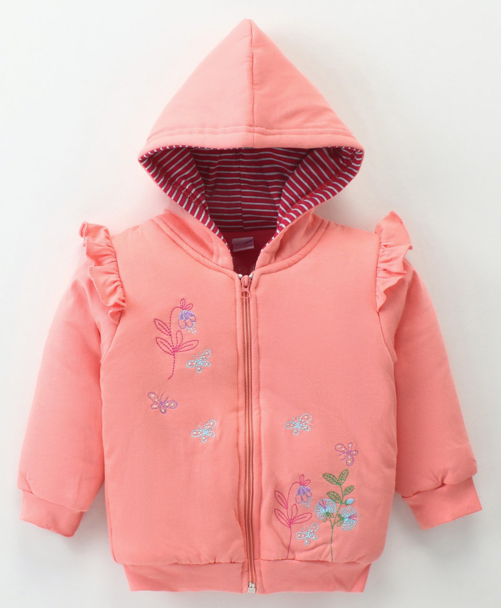 CUCUMBER Sinker Knit Full Sleeves Hooded Jacket with Frill Detailing Floral Embroidery - Dark Peach-picture-23