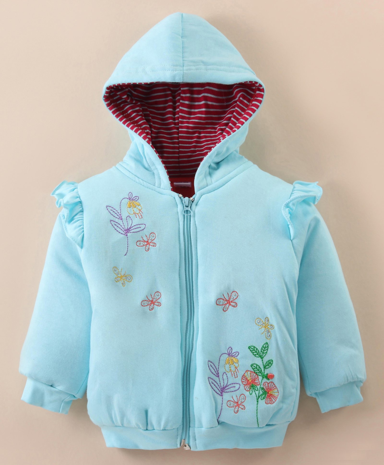 CUCUMBER Sinker Knit Full Sleeves Hooded Jacket with Frill Detailing Floral Embroidery - Ice Blue-picture-12