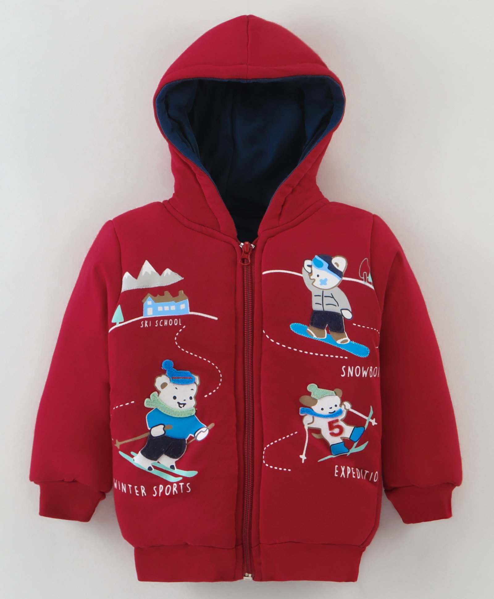 Cucumber Taffeta Woven Full Raglan Sleeves Hooded Sweatjacket with Bears Print - Red-picture-27