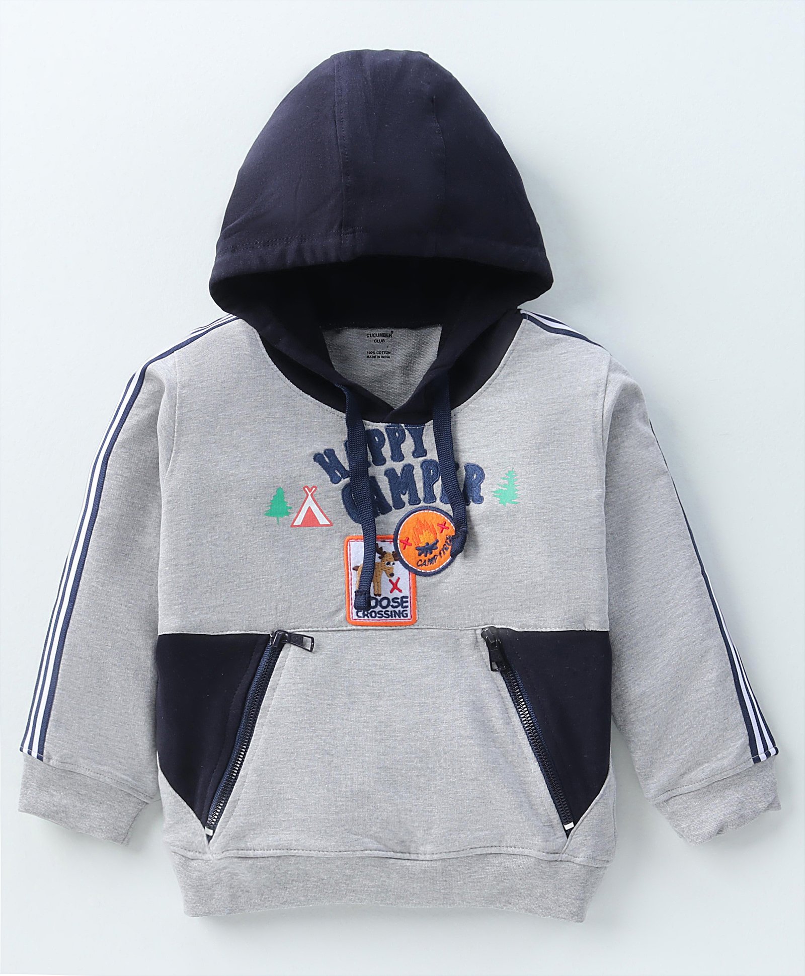 Cucumber Full Sleeves Camper Embroidered Hooded Sweatshirt with Side Pockets - Grey-picture-14