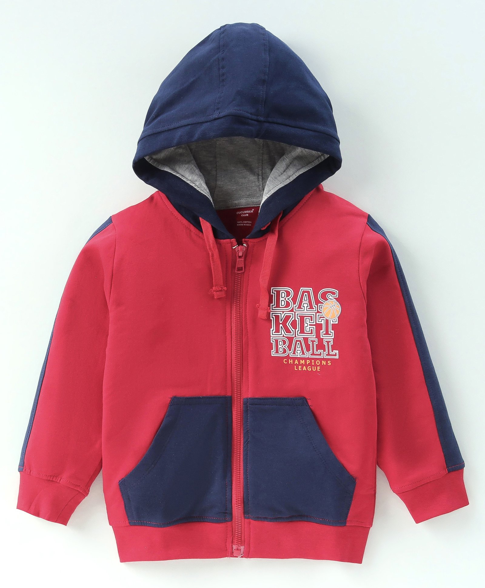 Cucumber Sinker Knit Full Sleeves Hooded Sweatjacket with Text Print & Kangaroo Pockets - Red-image-18