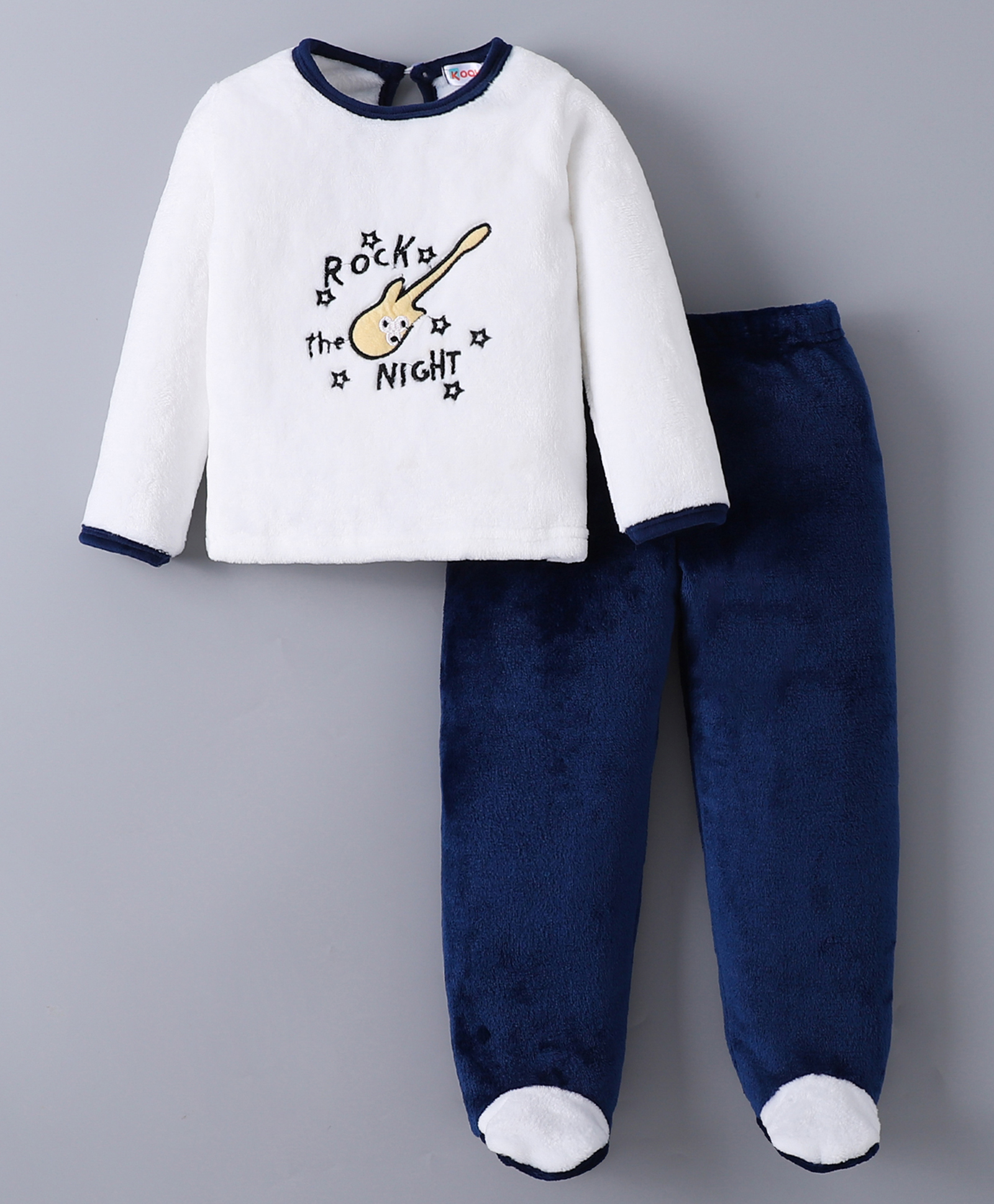 Kookie Kids Full Sleeves Winter Wear T-Shirt & Footed Lounge Pant Set with Guitar Patch - White-picture-39