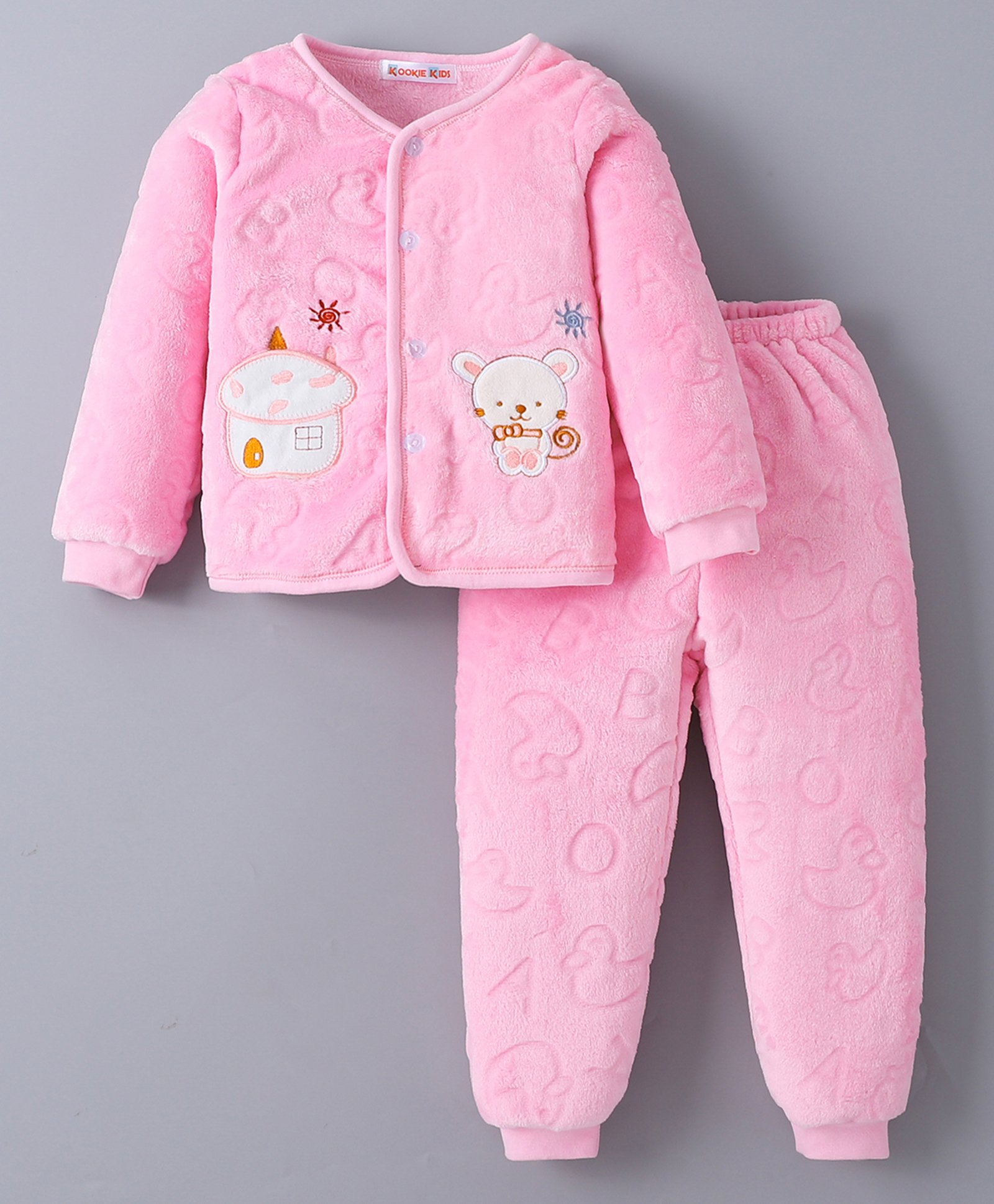 Kookie Kids Full Sleeves Front Open Winter Wear T-Shirt & Lounge Pant Set with Bear Patch - Pink-picture-32