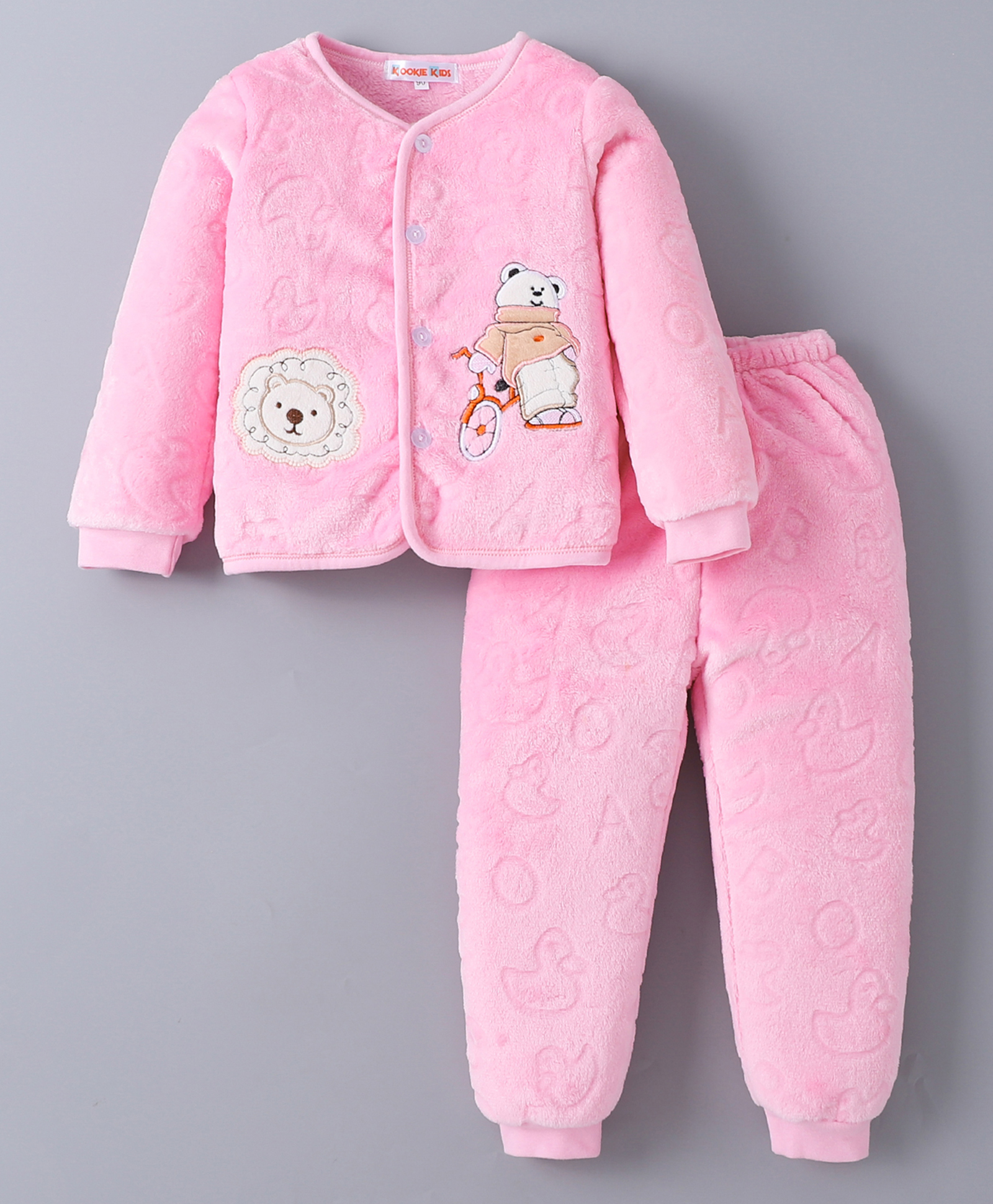 Kookie Kids Full Sleeves Front Open Winter Wear T-Shirt & Lounge Pant Set with Bear & Lion Patch - Pink-picture-31