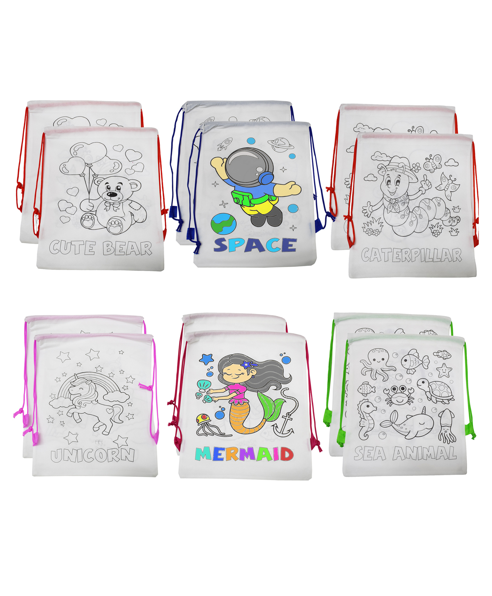 Asera DIY Colouring Bags Birthday Return Gifts Haversack Bags Dori Bags Goody Bags | Set of 12 | Size: 14 x 11 inches | for Kids (Mix)
