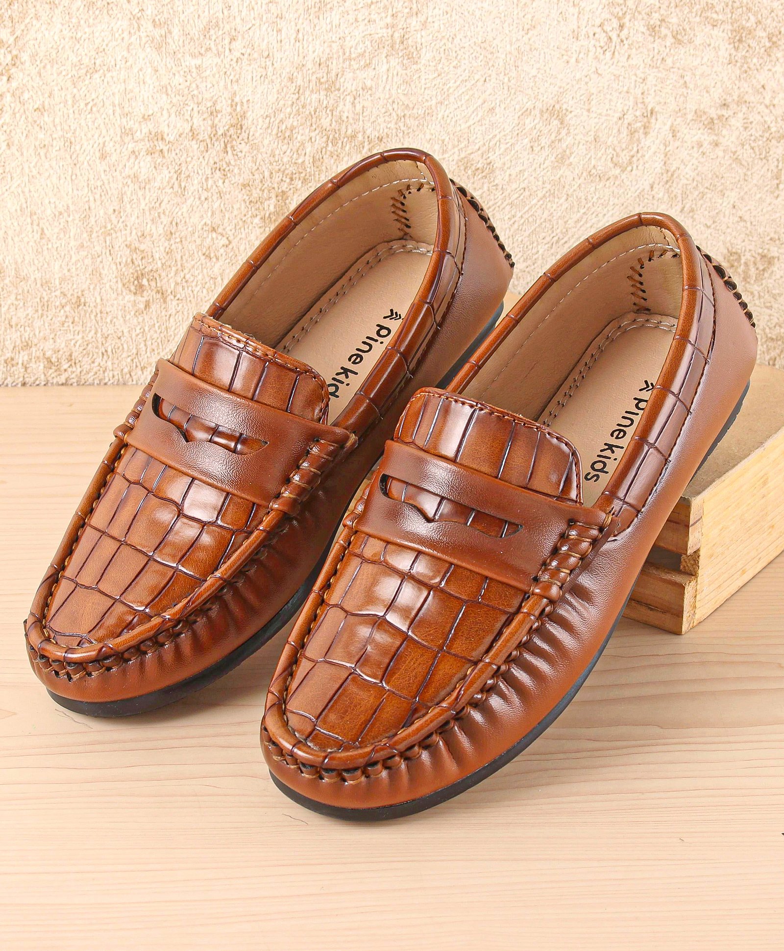 Pine Kids Slip On Party Wear Loafers with Crocodile Texture Design - Tan-picture-16